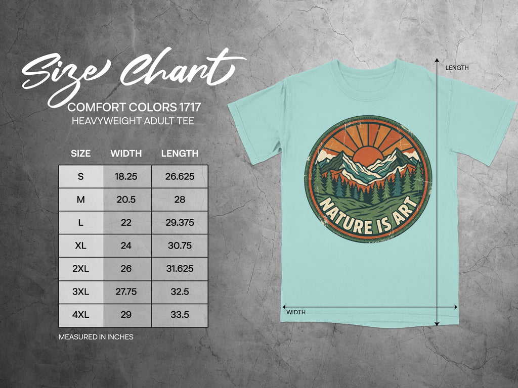 Comfort Colors 1717 heavyweight adult tee size chart with measurements.