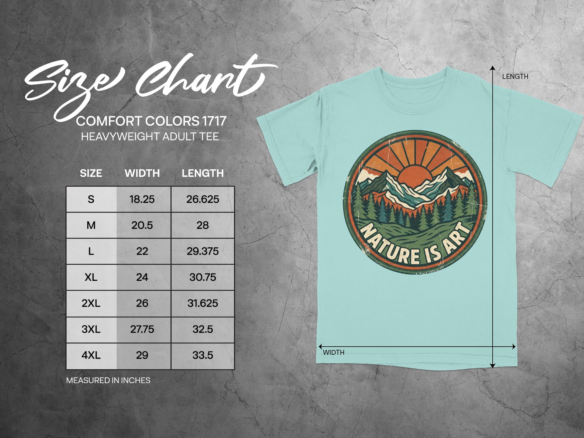 Comfort Colors 1717 heavyweight adult tee size chart with measurements.