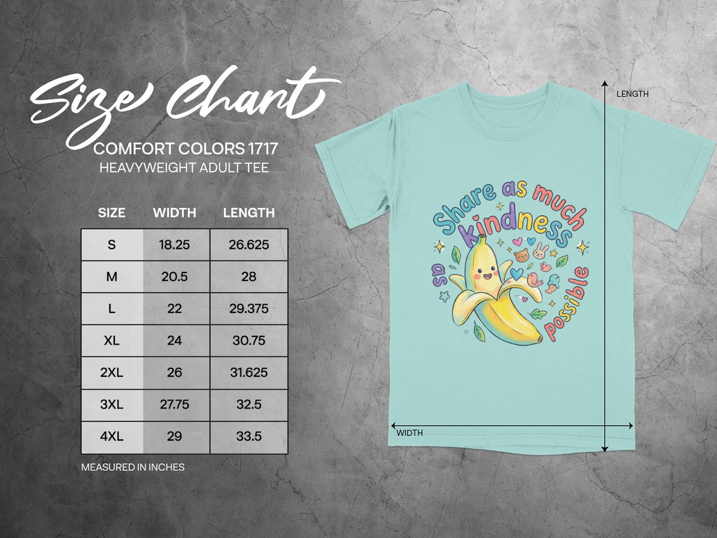 Size chart for Comfort Colors 1717 heavyweight adult tee with dimensions.