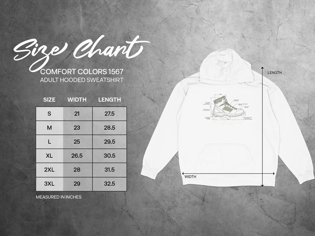 Comfort Colors 1567 adult hooded sweatshirt size chart with width and length measurements.