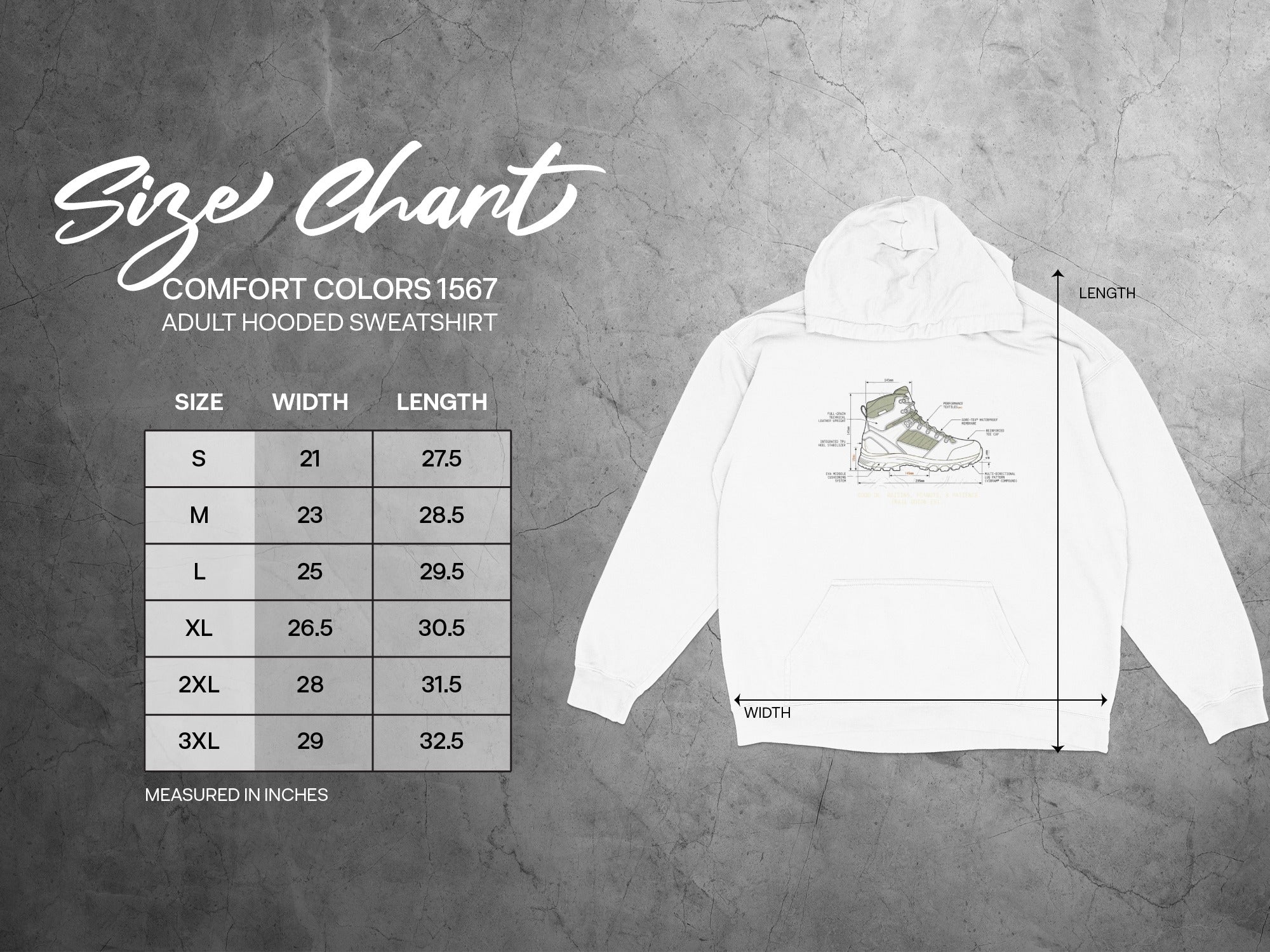 Comfort Colors 1567 adult hooded sweatshirt size chart with width and length measurements.
