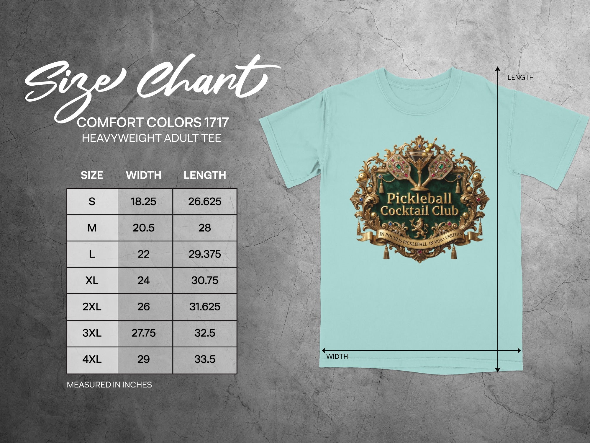 Comfort Colors 1717 heavyweight adult tee size chart with measurements.