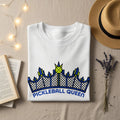 White t-shirt with "PICKLEBALL QUEEN" text and crown graphic.