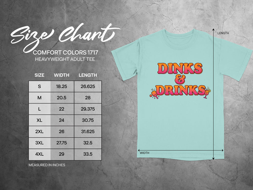 Size chart for Comfort Colors 1717 heavyweight adult tee with dimensions.