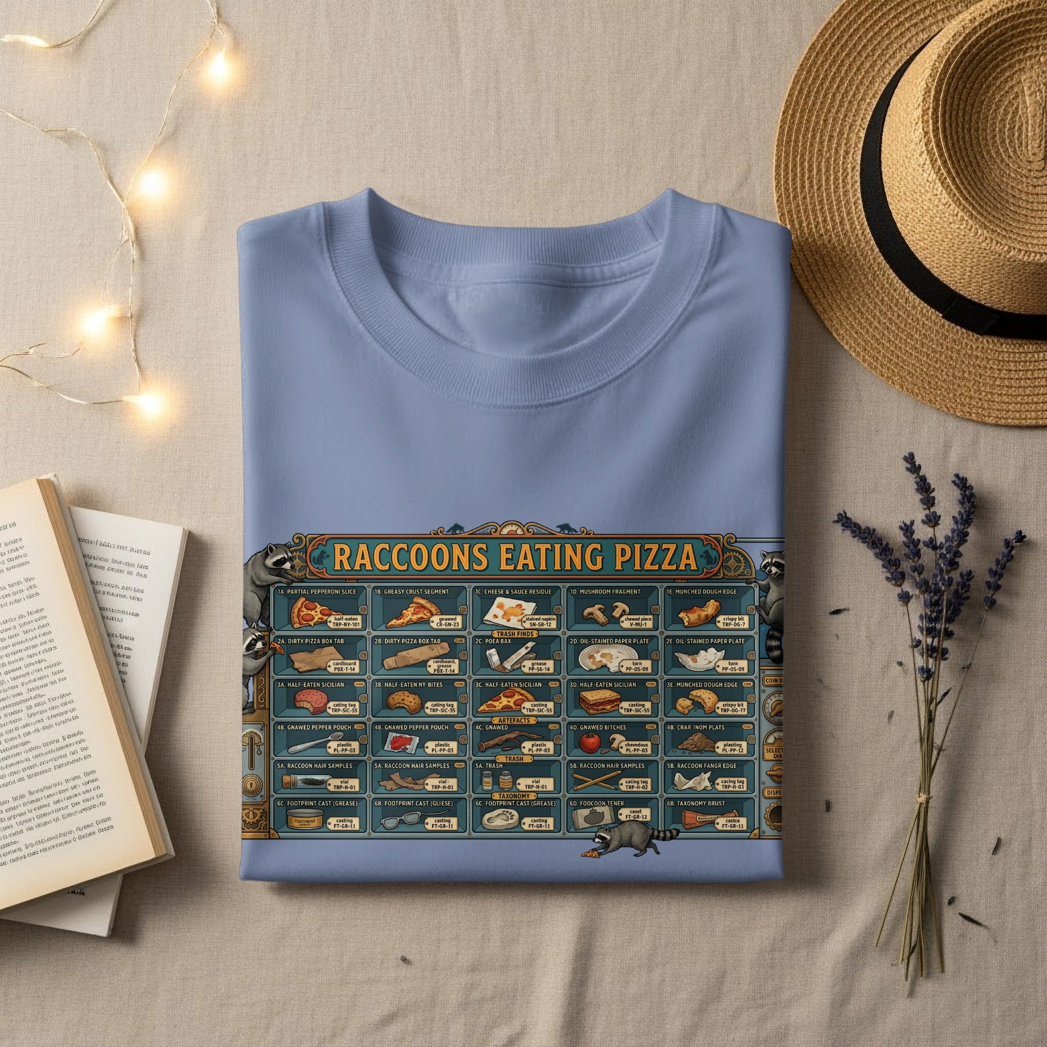 T-shirt with "Raccoons Eating Pizza" graphic and detailed pizza ingredient labels.