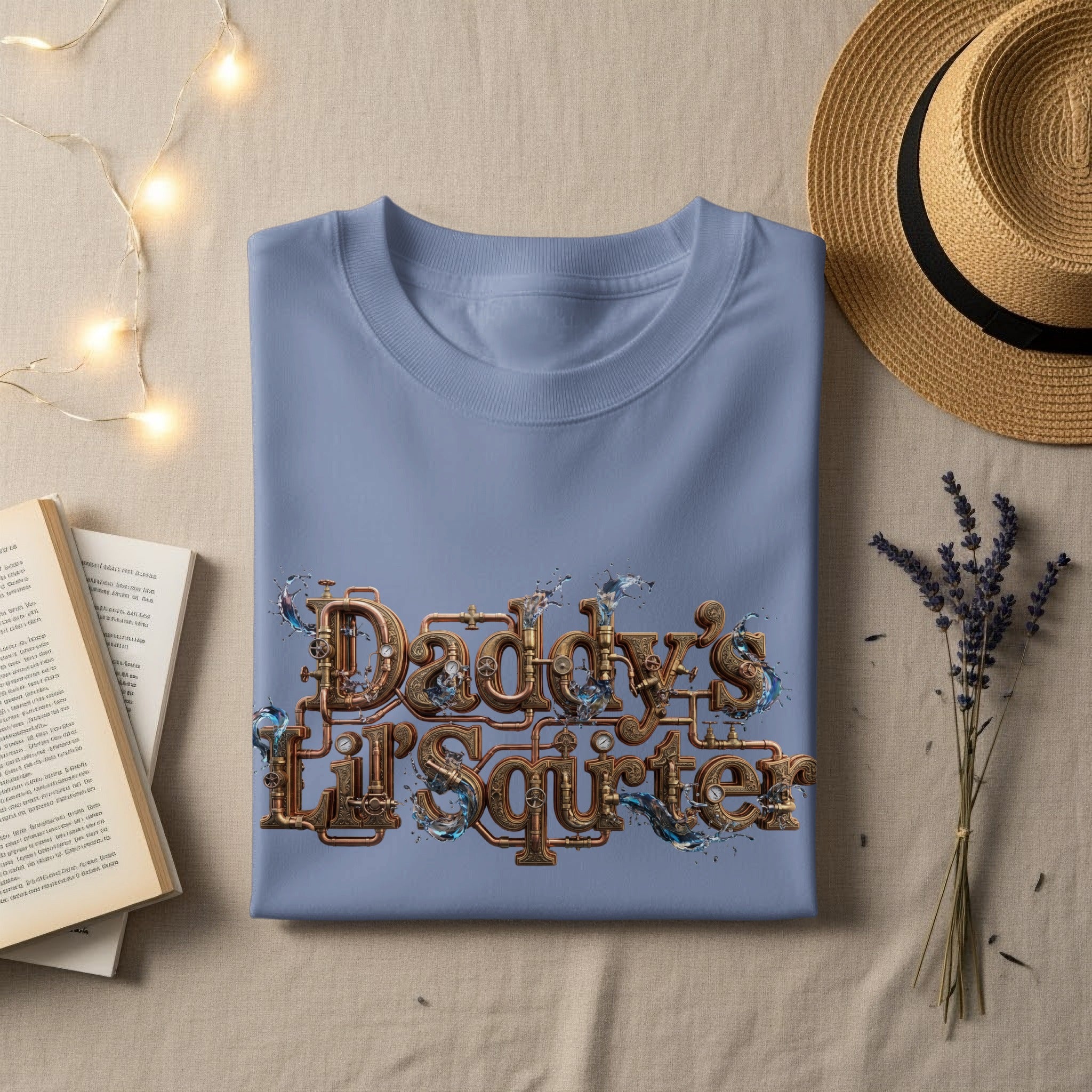 Blue t-shirt with "Daddy's Little Squirter" text, next to a book and hat.