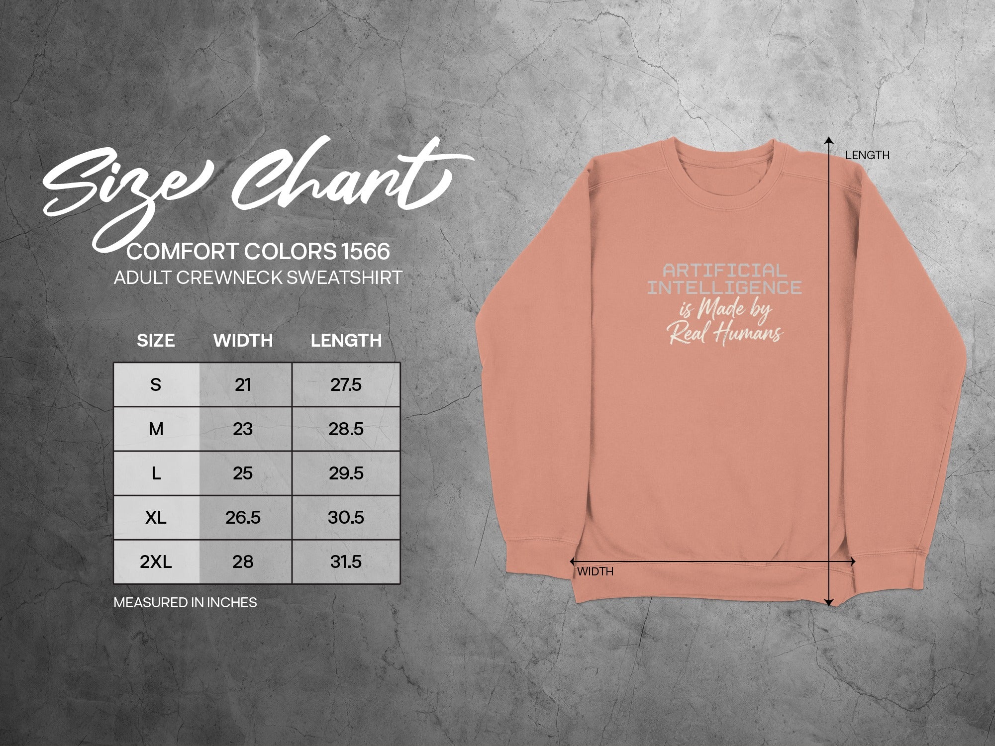 Comfort Colors 1566 adult sweatshirt size chart with measurements.