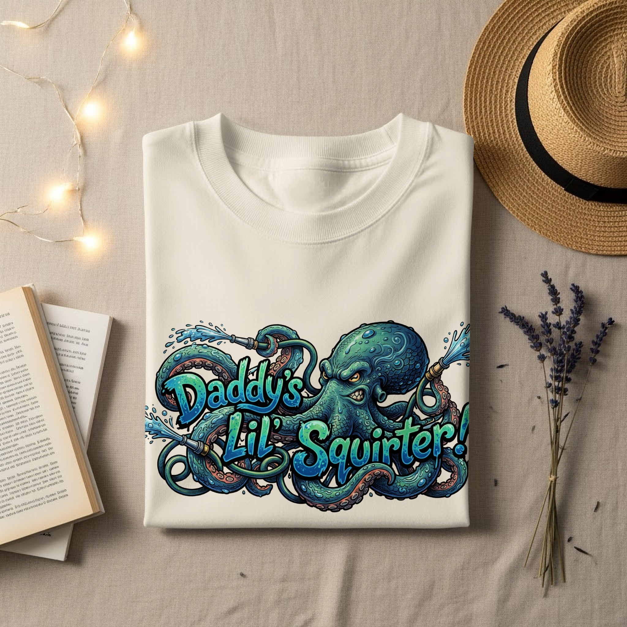 Cream t-shirt with "Daddy's Lil' Squirt!" text and cartoon octopus graphic.