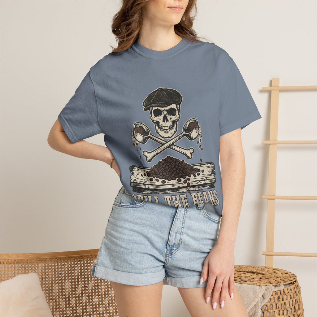 Skull & Spoons Coffee T-Shirt — "Spill the Beans" Vintage Café Tee