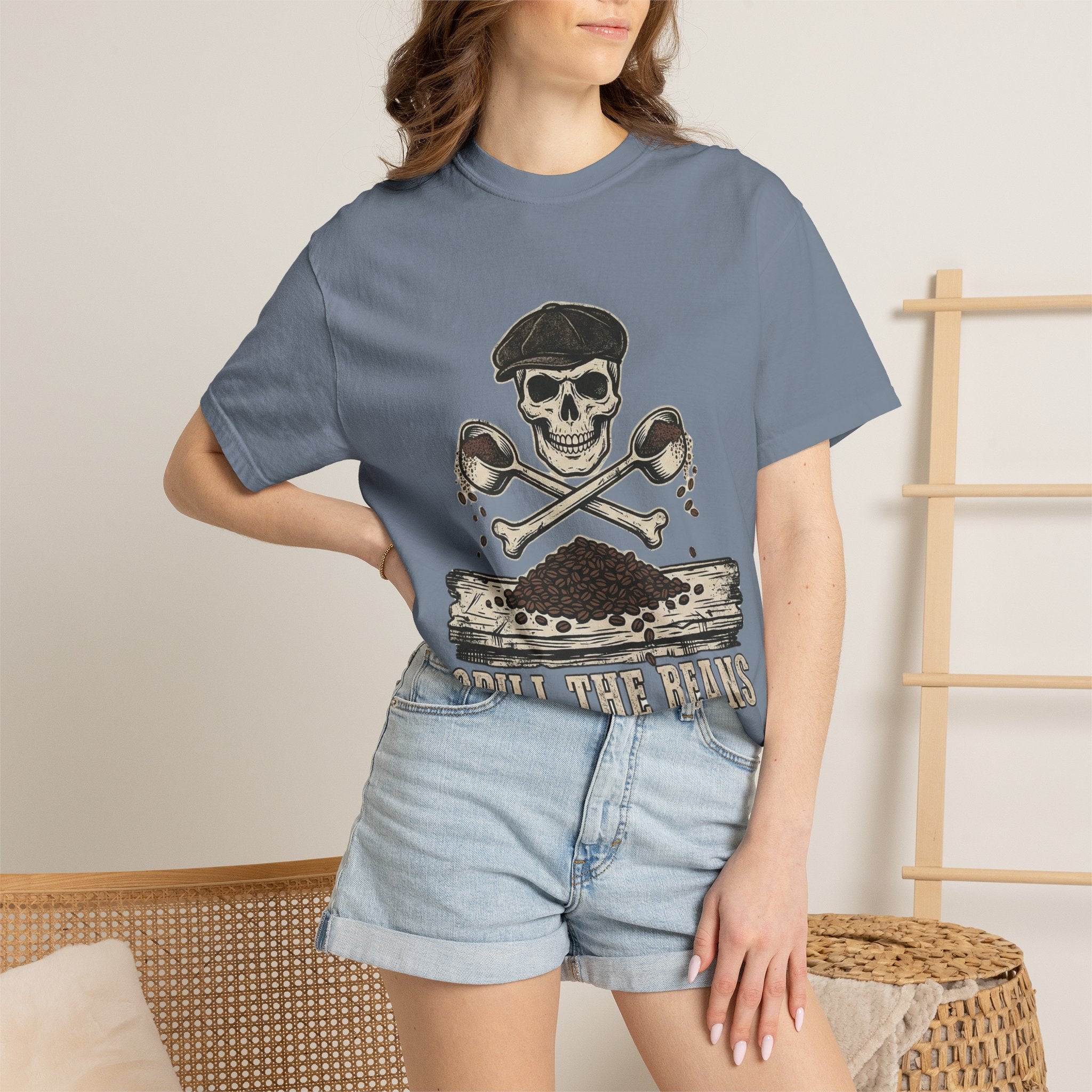 Skull & Spoons Coffee T-Shirt — "Spill the Beans" Vintage Café Tee