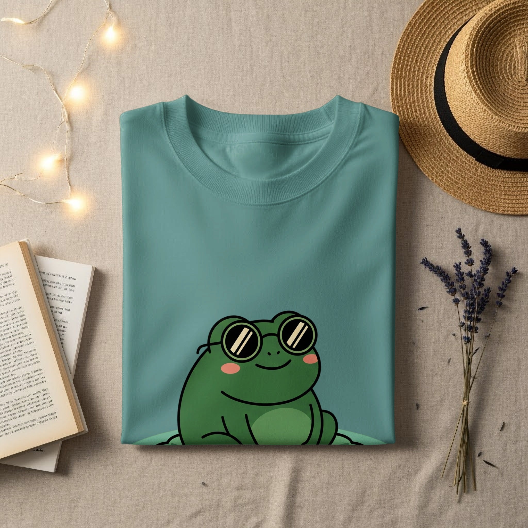 Green frog wearing sunglasses on a teal t-shirt.
