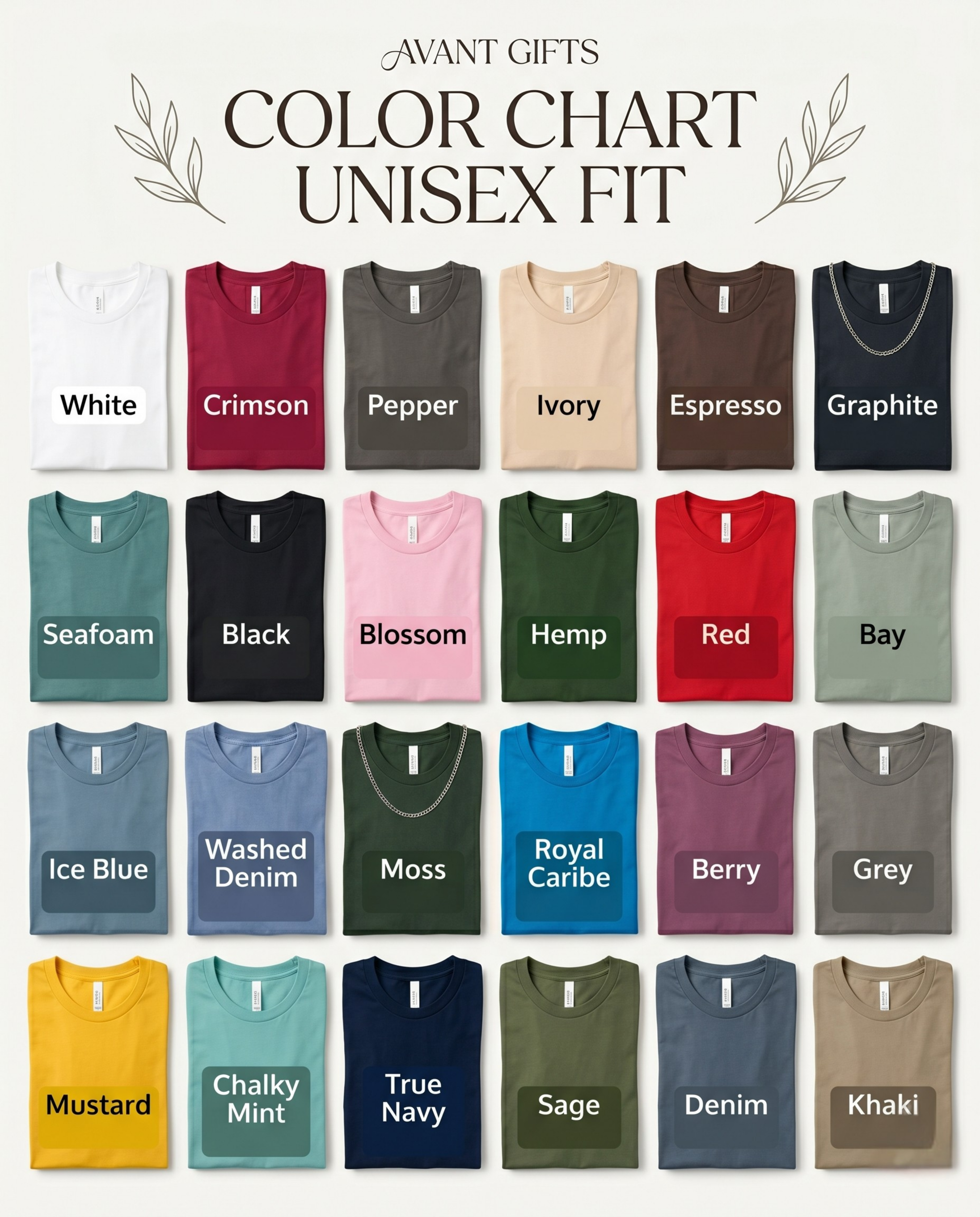 Unisex fit color chart with Avant Gifts logo and twenty-four fabric swatches.