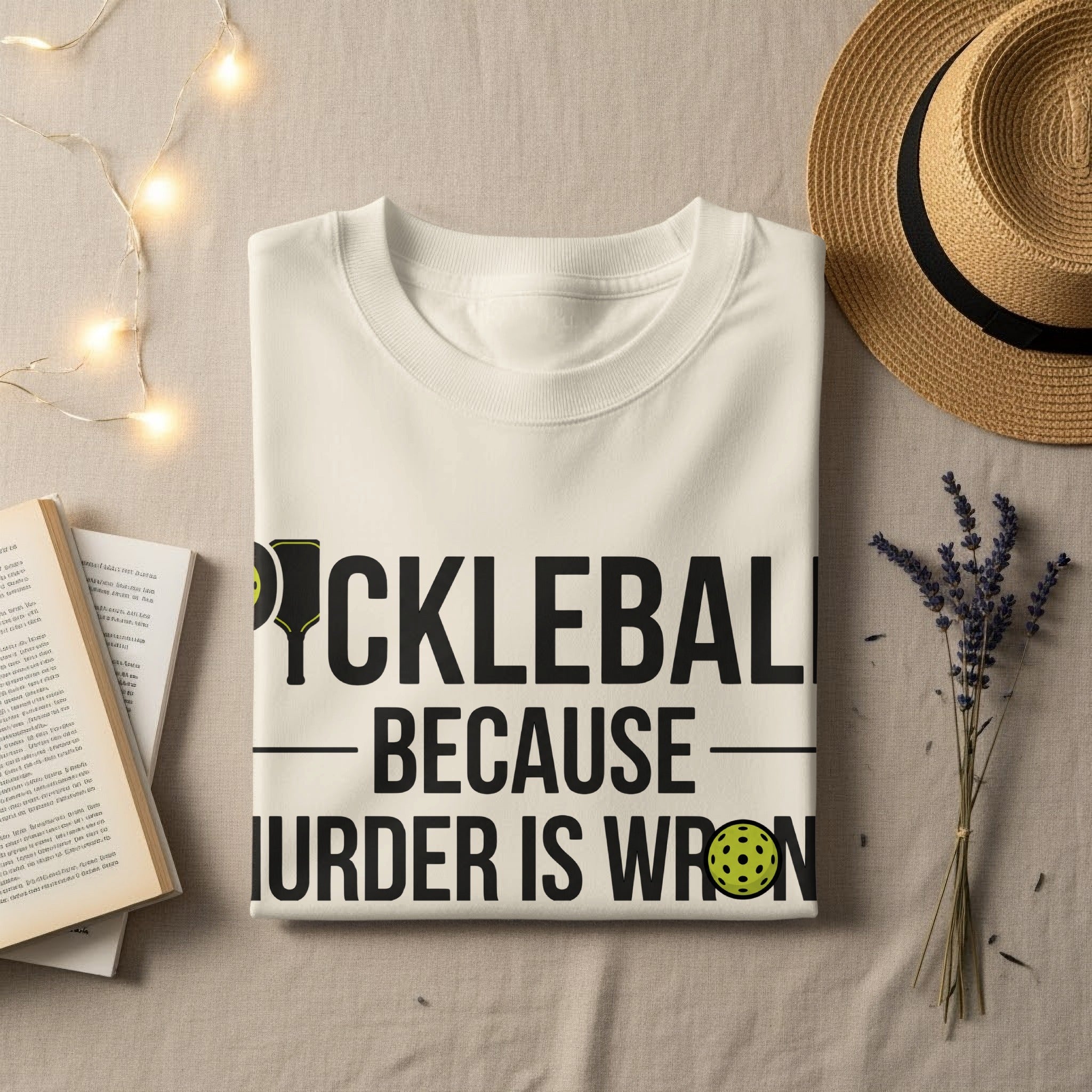 White t-shirt with "PICKLEBALL BECAUSE MURDER IS WRONG" text and pickleball graphic.