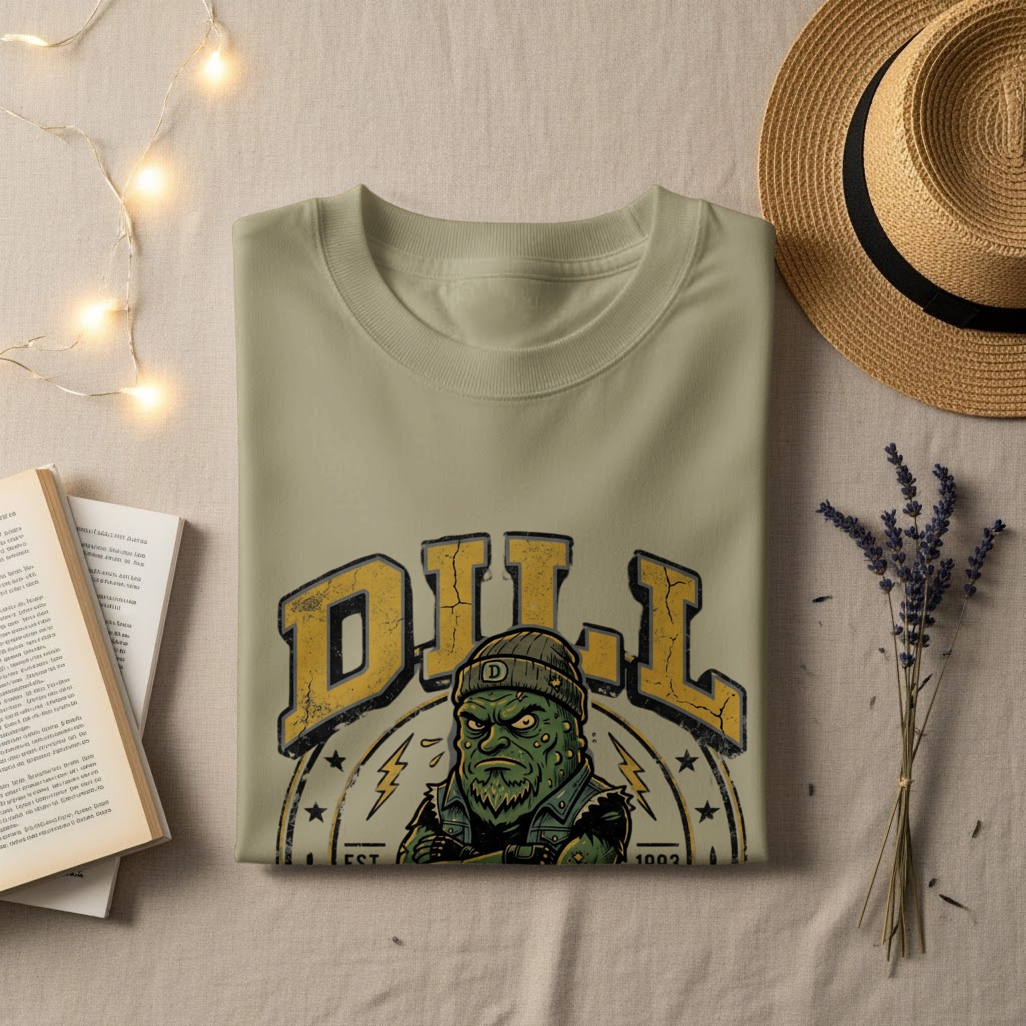 T-shirt with "DILL" logo featuring a cartoon pickle character, laid flat.