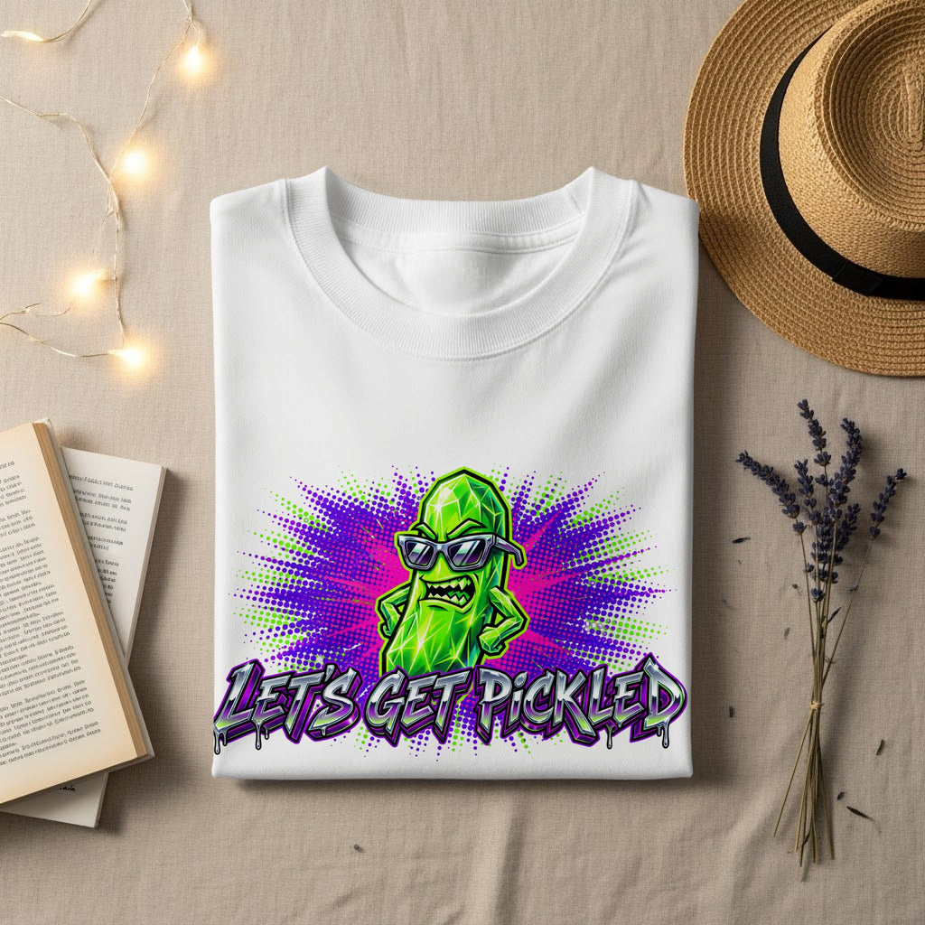 White t-shirt with a cartoon pickle wearing sunglasses and the text "LET'S GET PICKLED".