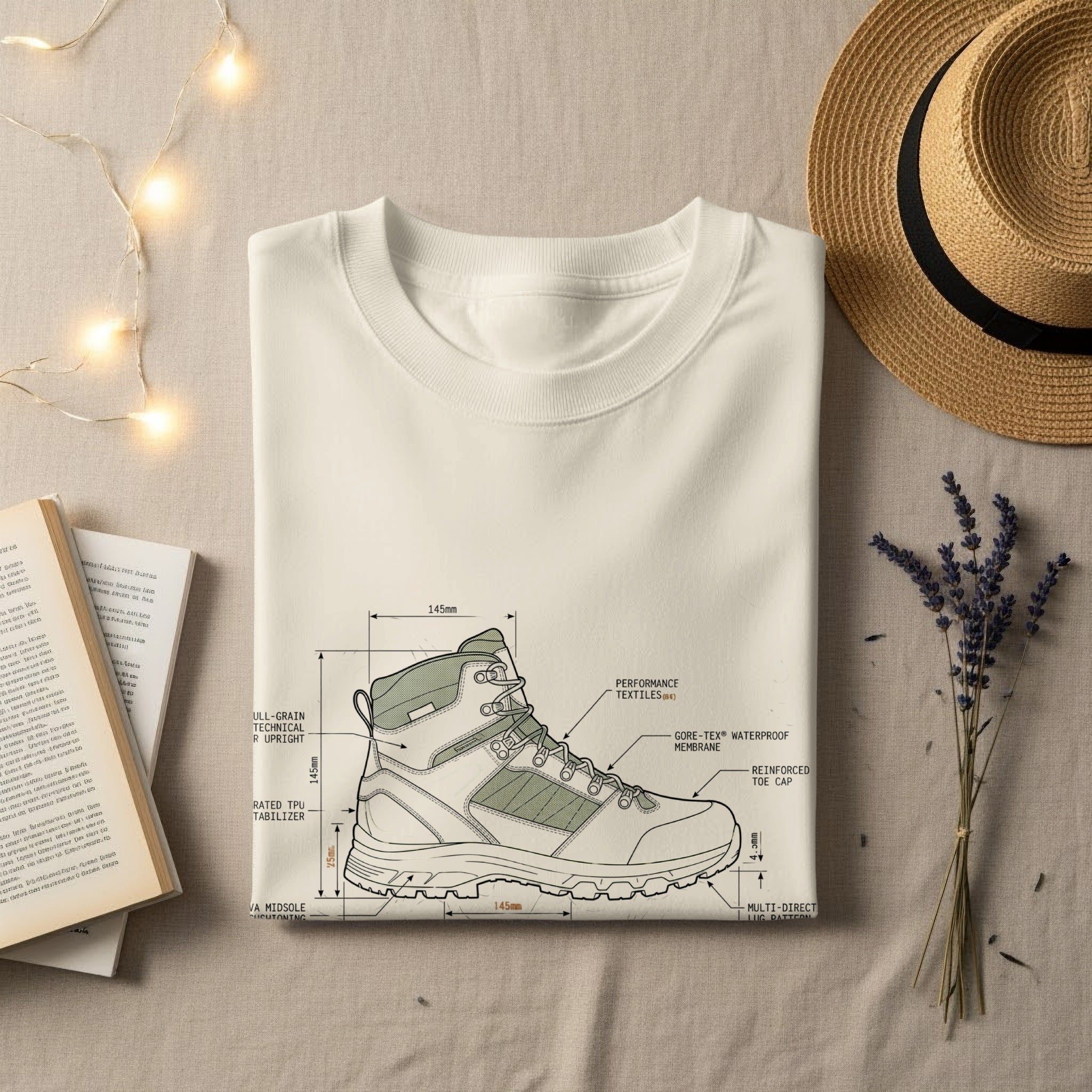 White t-shirt displaying technical illustration of a hiking boot with labeled components.