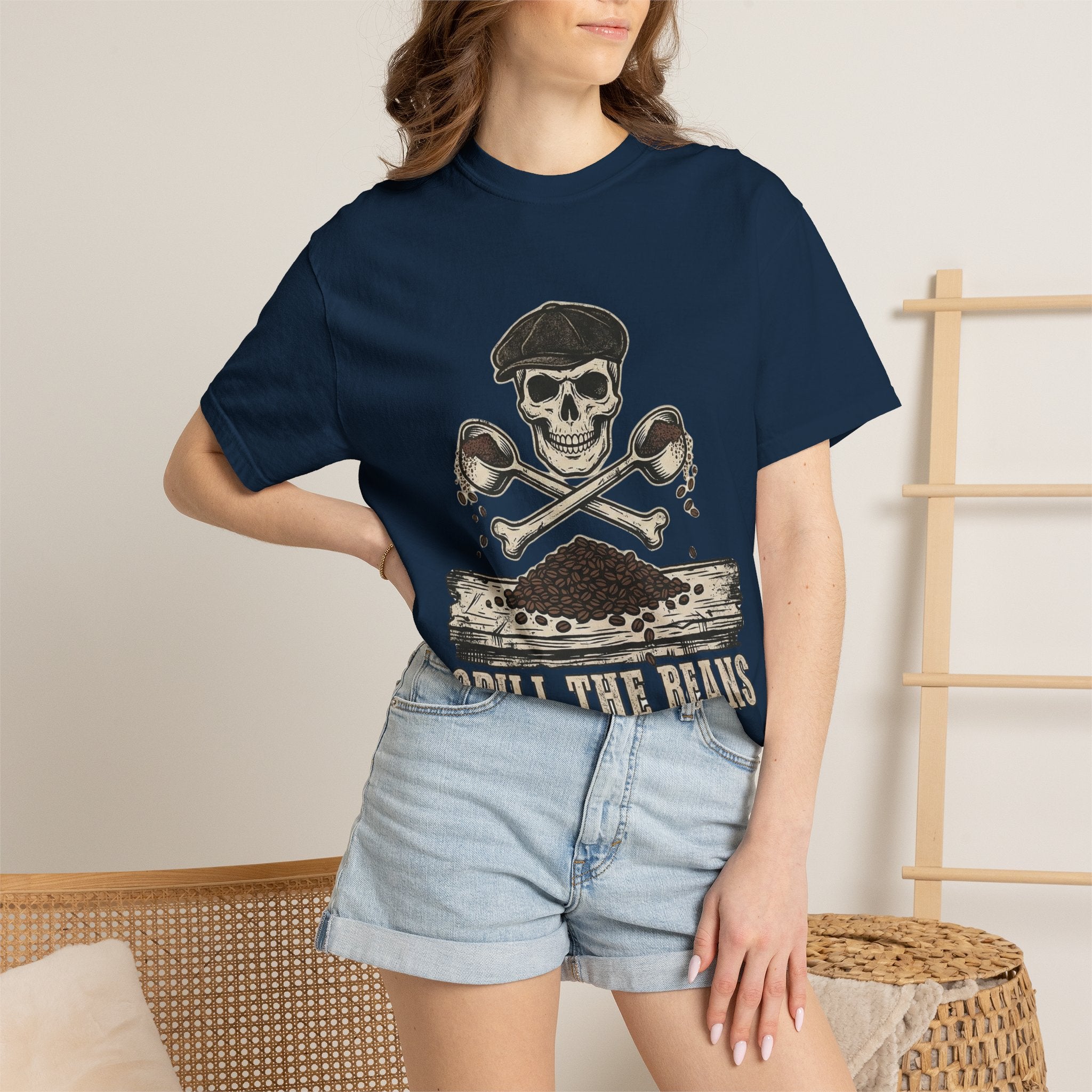 Skull & Spoons Coffee T-Shirt — "Spill the Beans" Vintage Café Tee