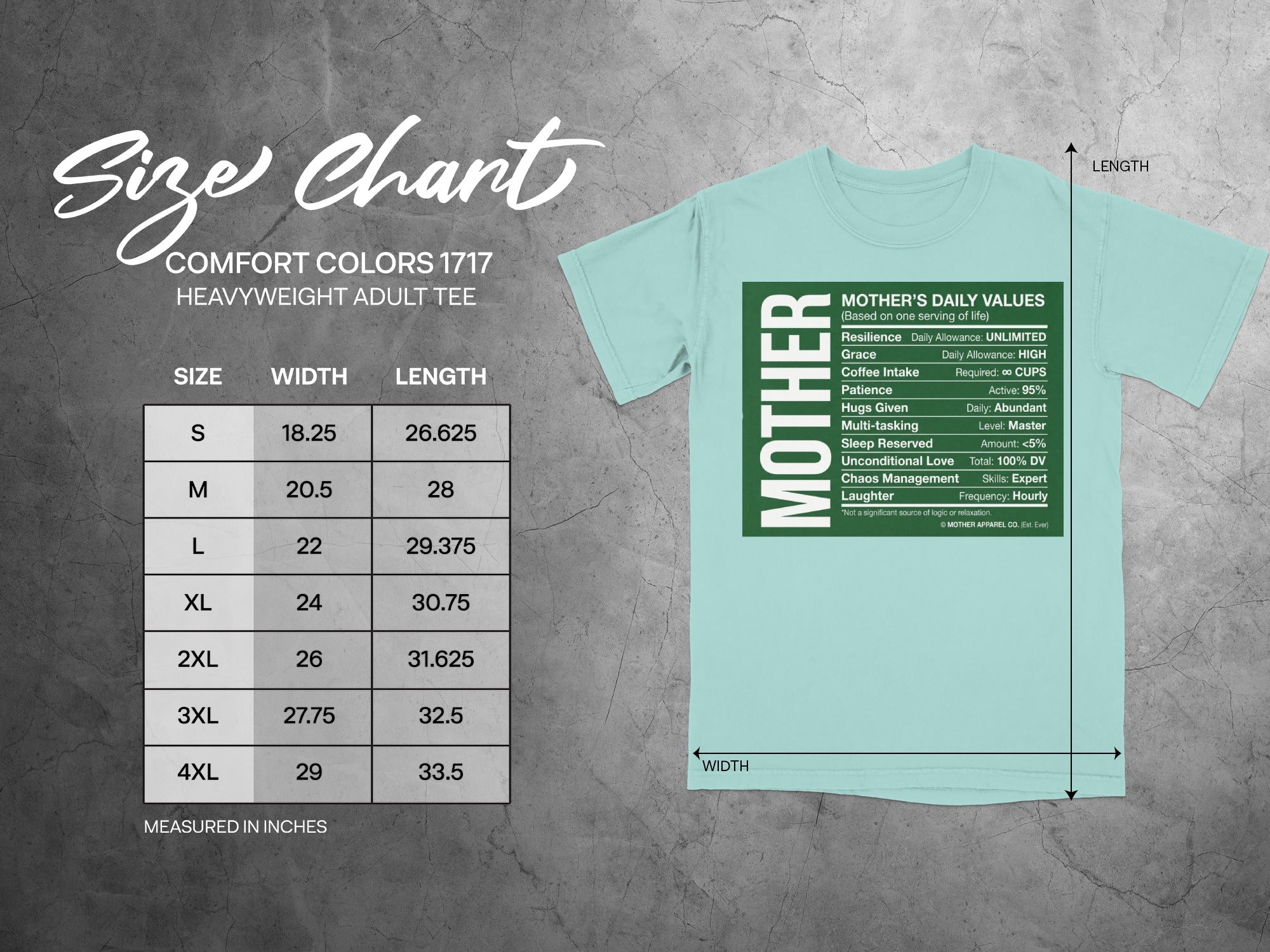 Comfort Colors 1717 Heavyweight Adult Tee size chart with Mother's Daily Values.
