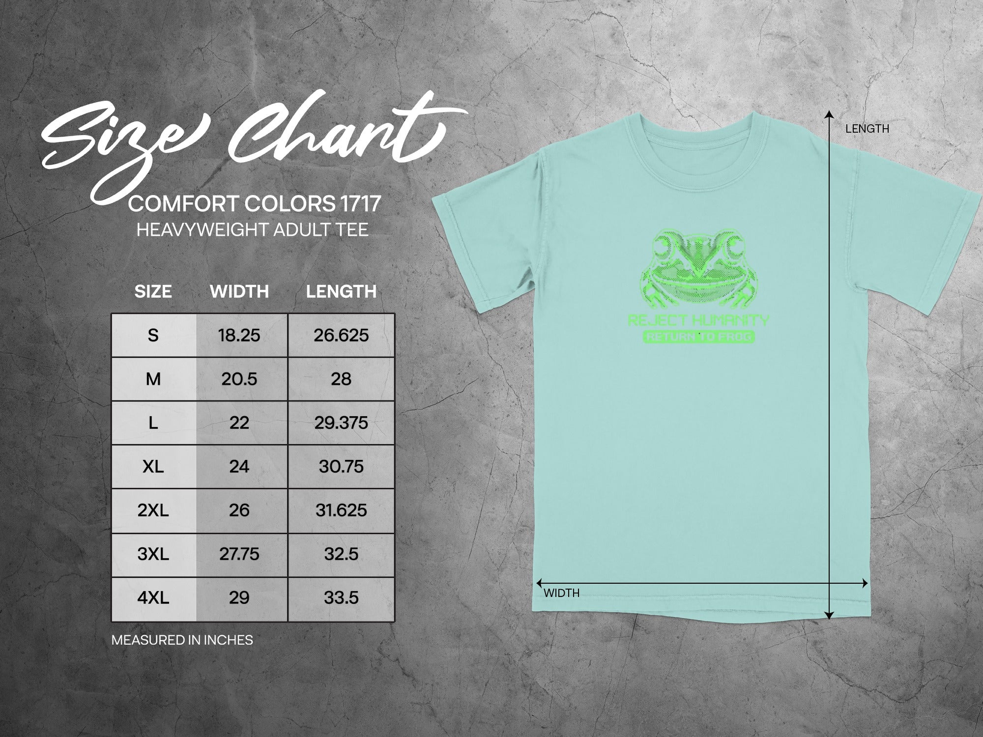 Size chart for Comfort Colors 1717 heavyweight adult tee with frog graphic.