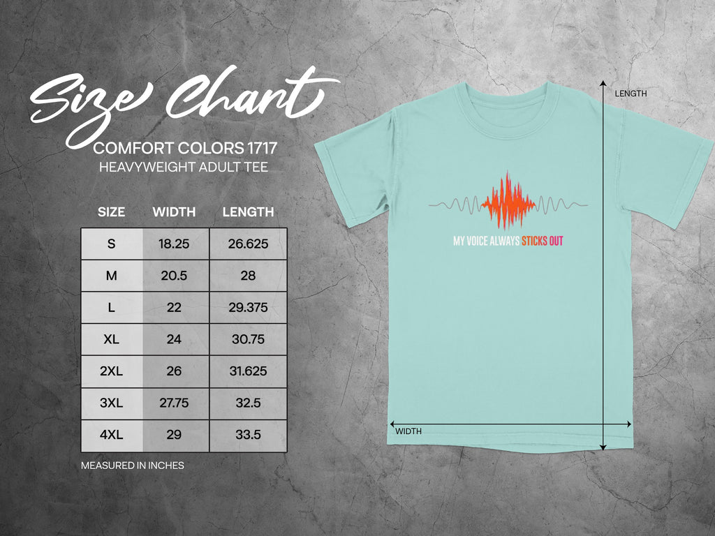 Comfort Colors 1717 heavyweight adult tee size chart with width and length measurements.