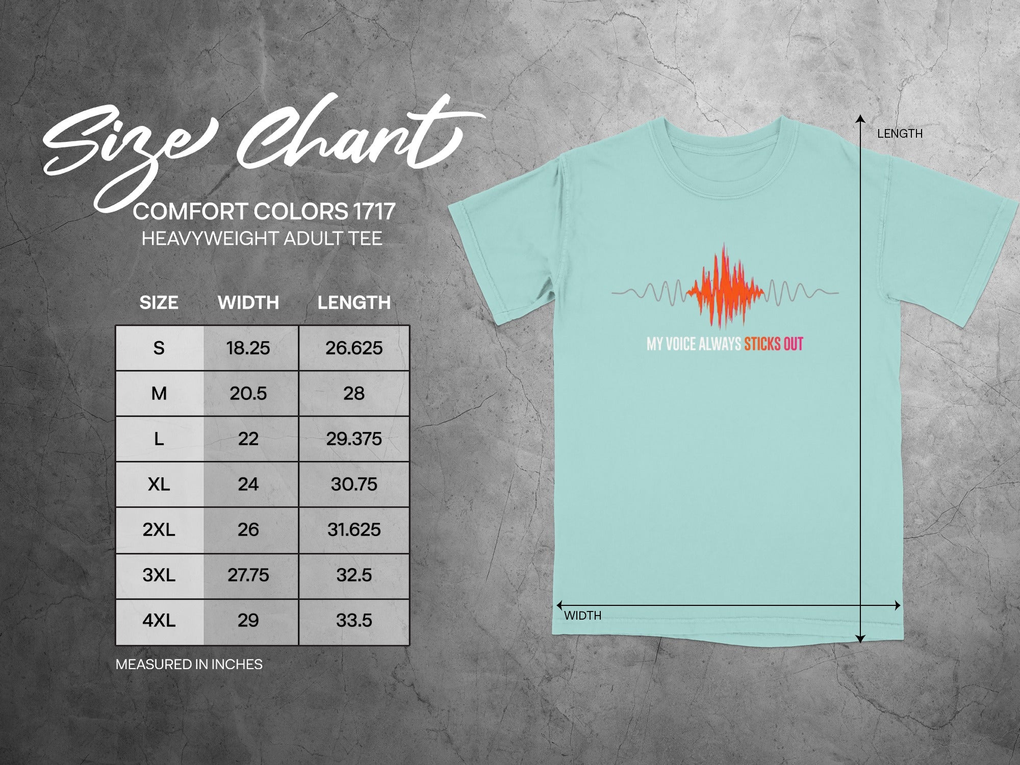 Comfort Colors 1717 heavyweight adult tee size chart with width and length measurements.