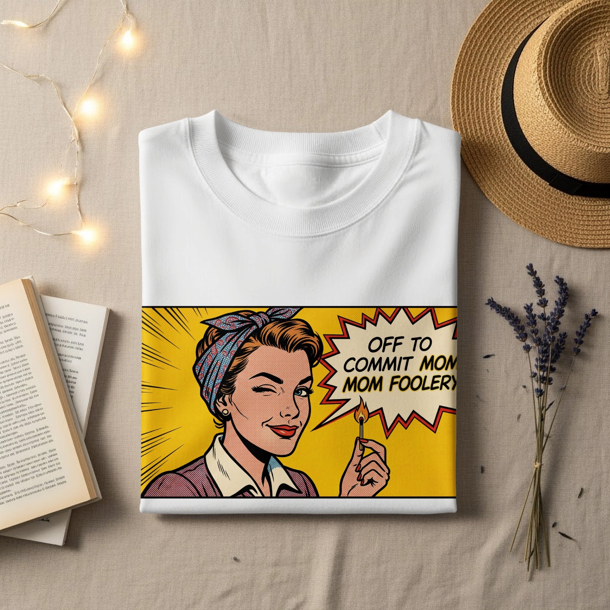 White t-shirt with comic book art of a woman winking, holding a lit match.