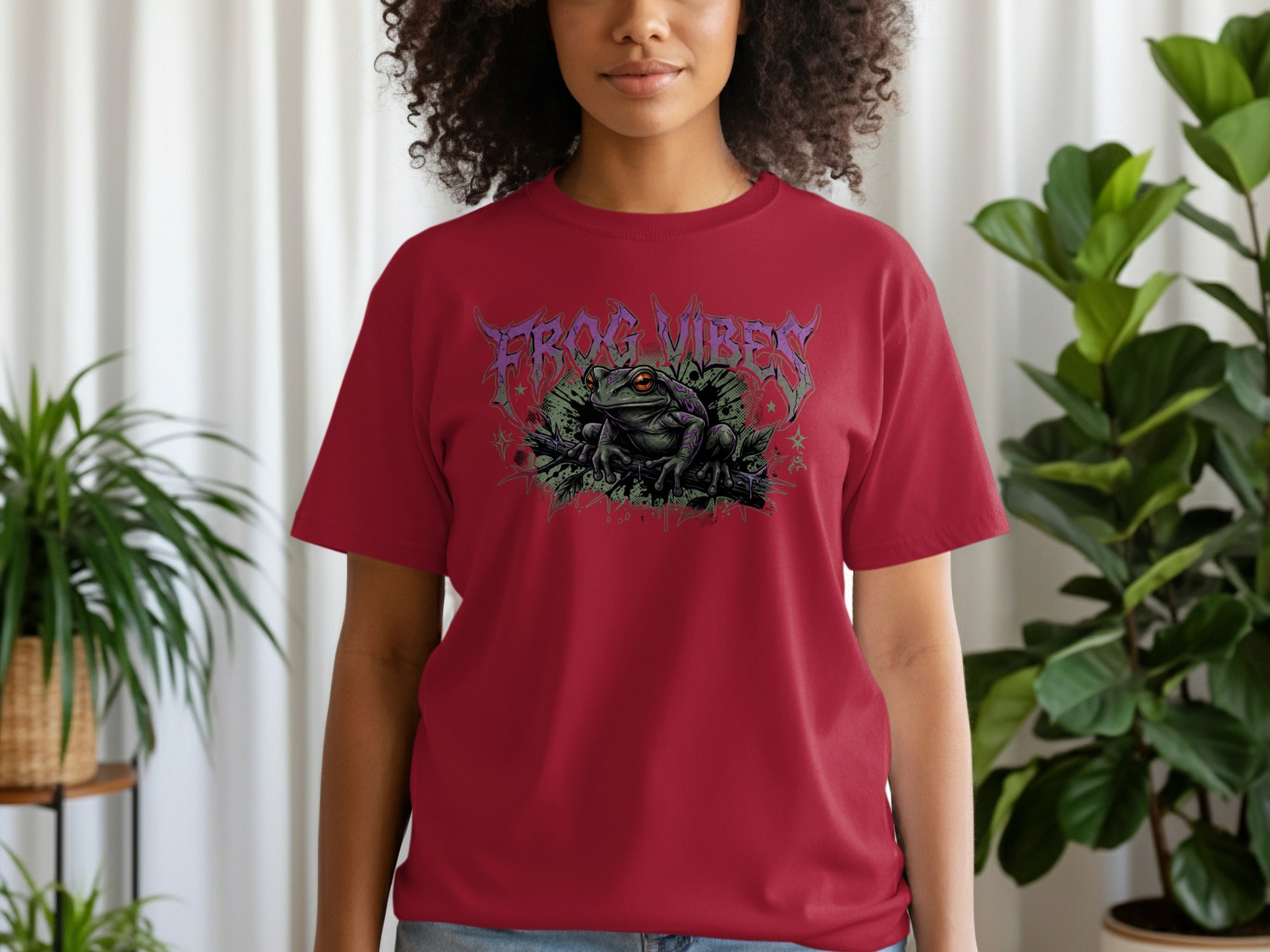 Burgundy t-shirt with a mystical frog and "Frog Vibes" text.