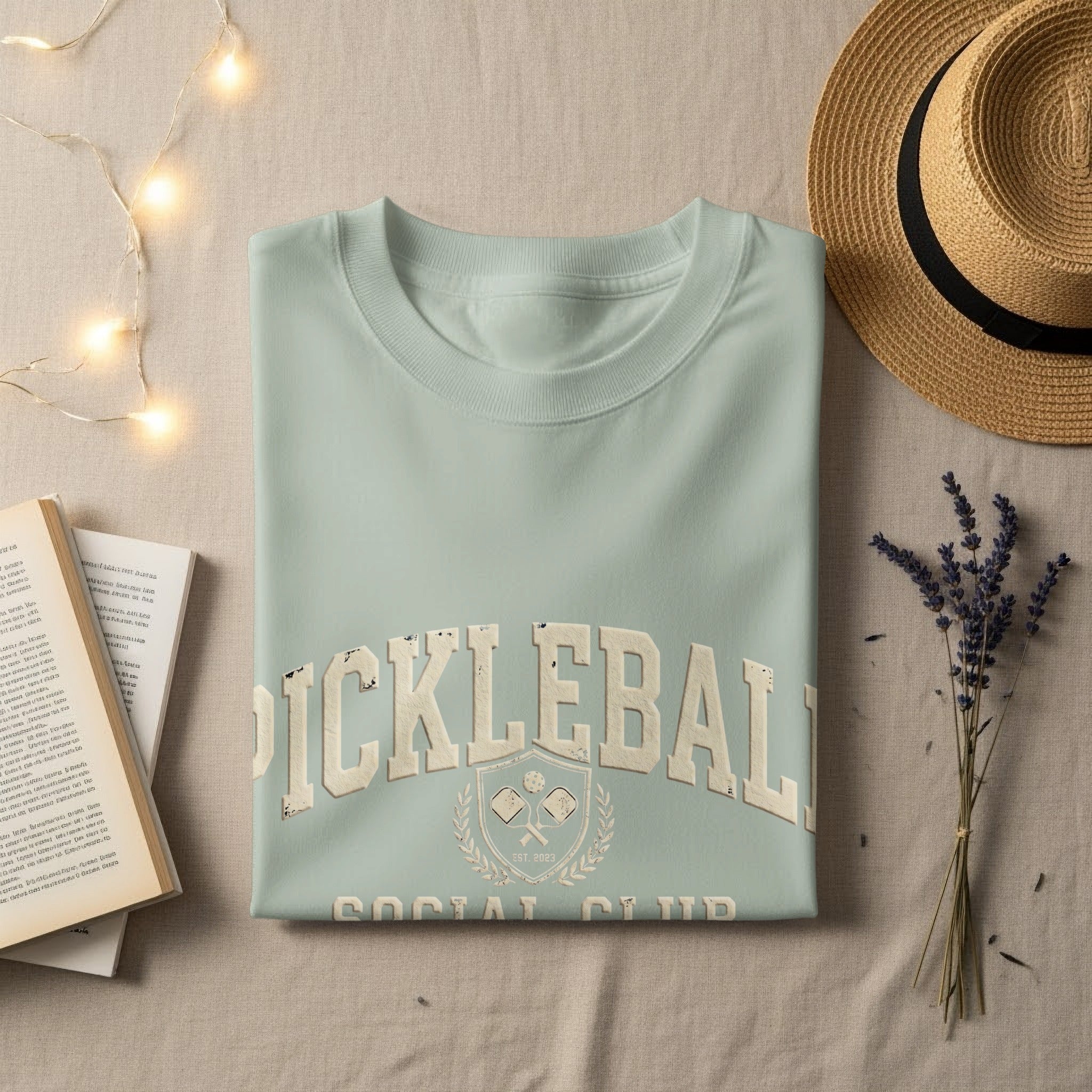 Light blue t-shirt with "Pickleball Social Club Est. 2023" graphic.