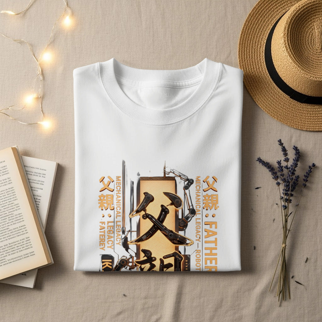 White t-shirt with "Father Mechanical Legacy Robot" text and graphic.