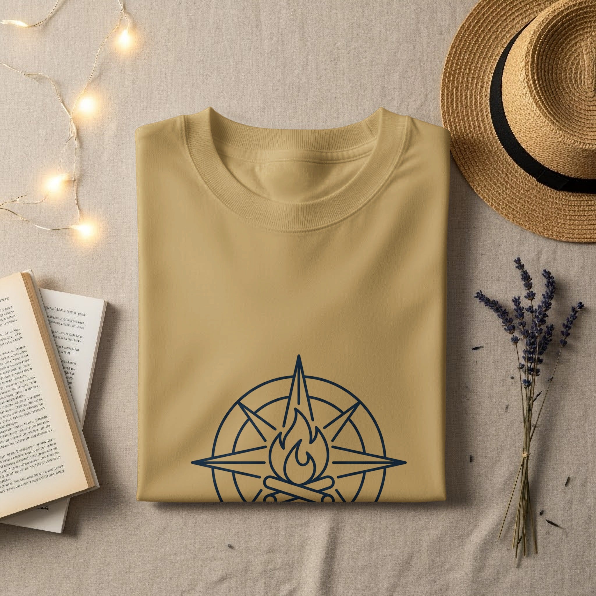 Tan t-shirt with navy blue compass and campfire graphic.