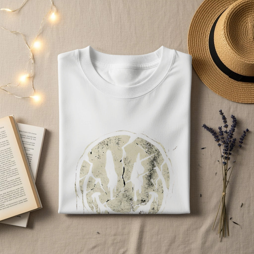 White t-shirt with abstract tan graphic of figures and celestial elements.