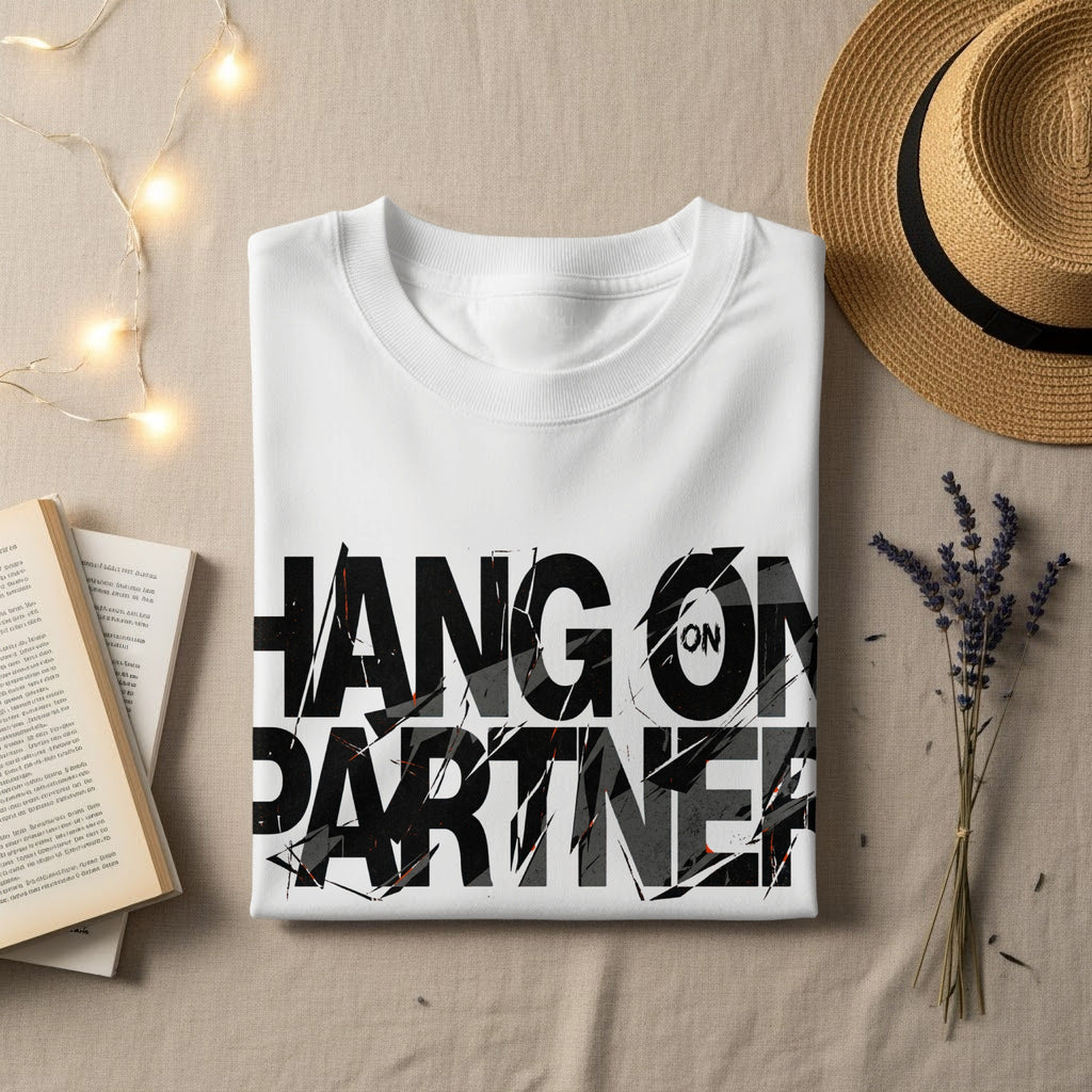 White sweatshirt with "HANG ON PARTNER" in bold, distressed black lettering.