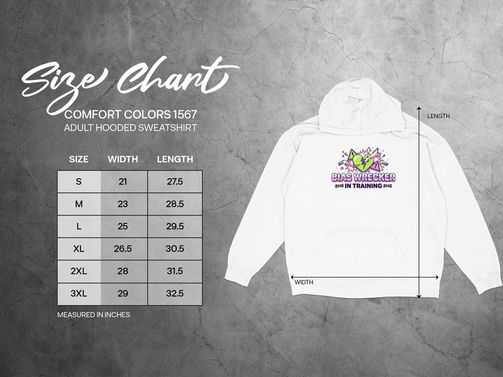 Size chart for Comfort Colors 1567 adult hooded sweatshirt with width and length.