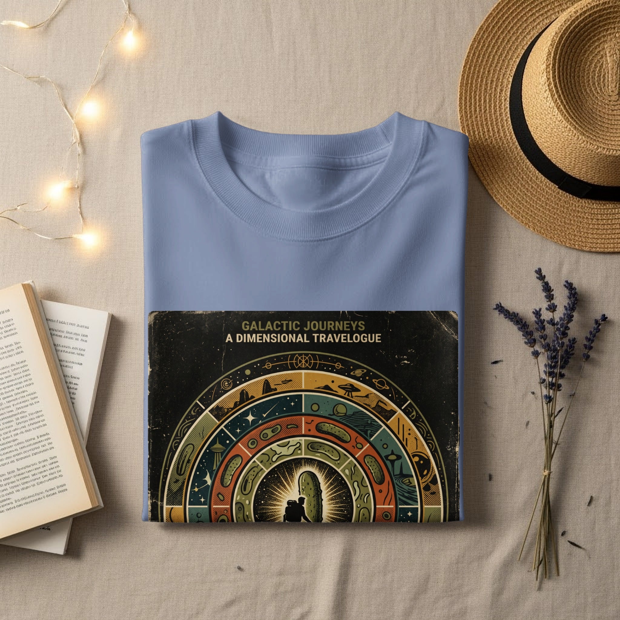 T-shirt with "Galactic Journeys A Dimensional Travelogue" book cover design.