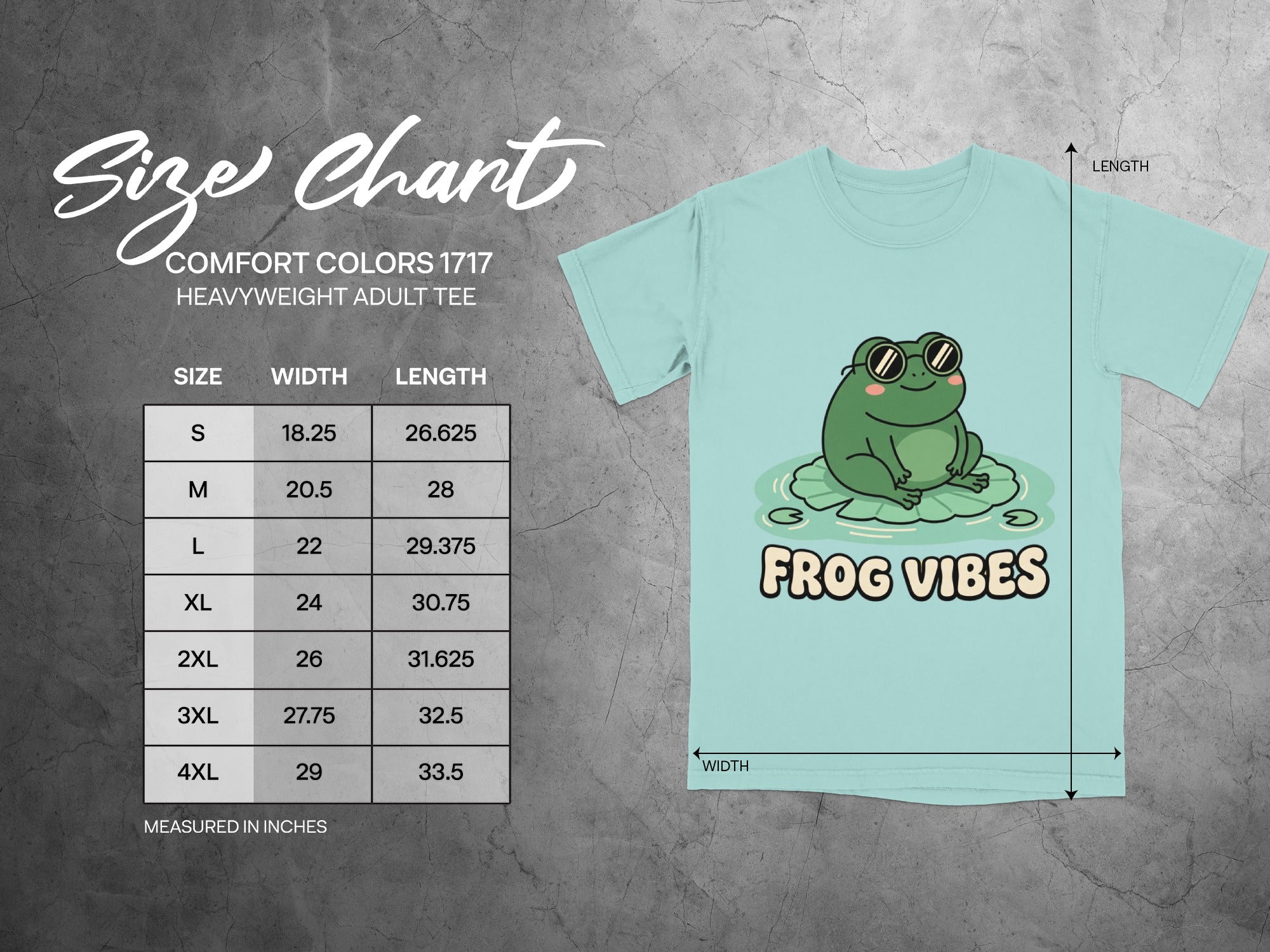 Size chart with t-shirt graphic showing frog with "FROG VIBES" text.