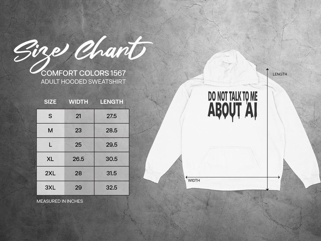 Comfort Colors 1567 adult hooded sweatshirt size chart with measurements.