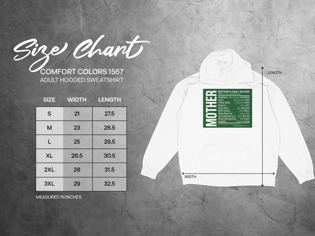 Size chart for Comfort Colors 1567 adult hooded sweatshirt with measurements.