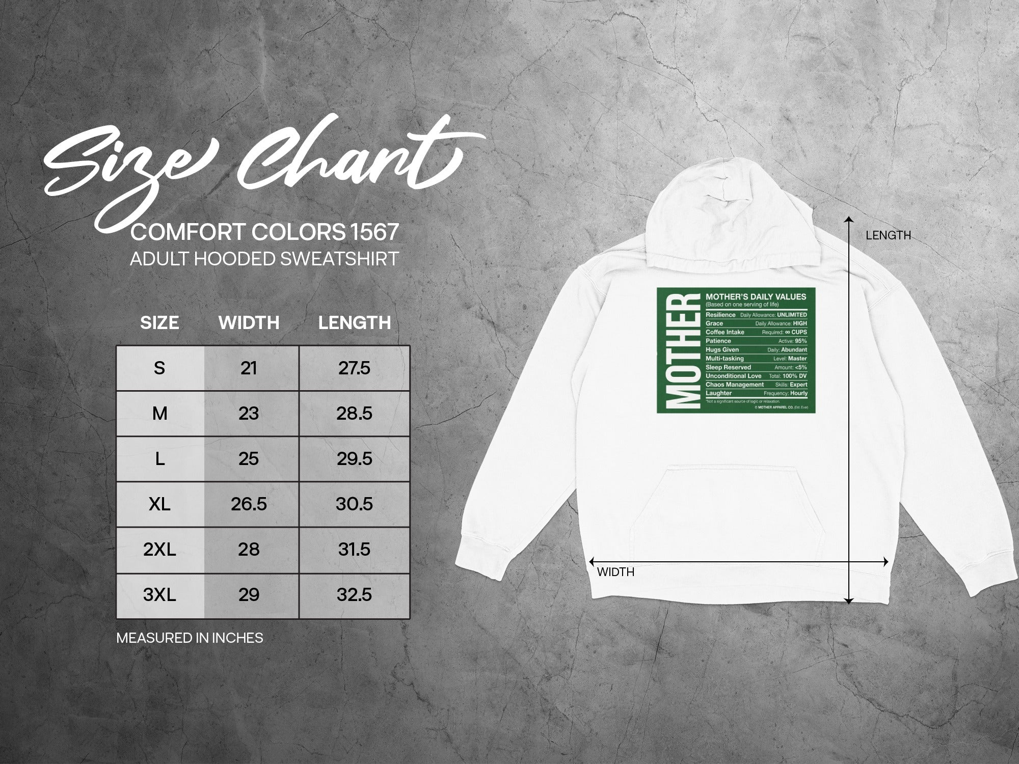 Size chart for Comfort Colors 1567 adult hooded sweatshirt with measurements.