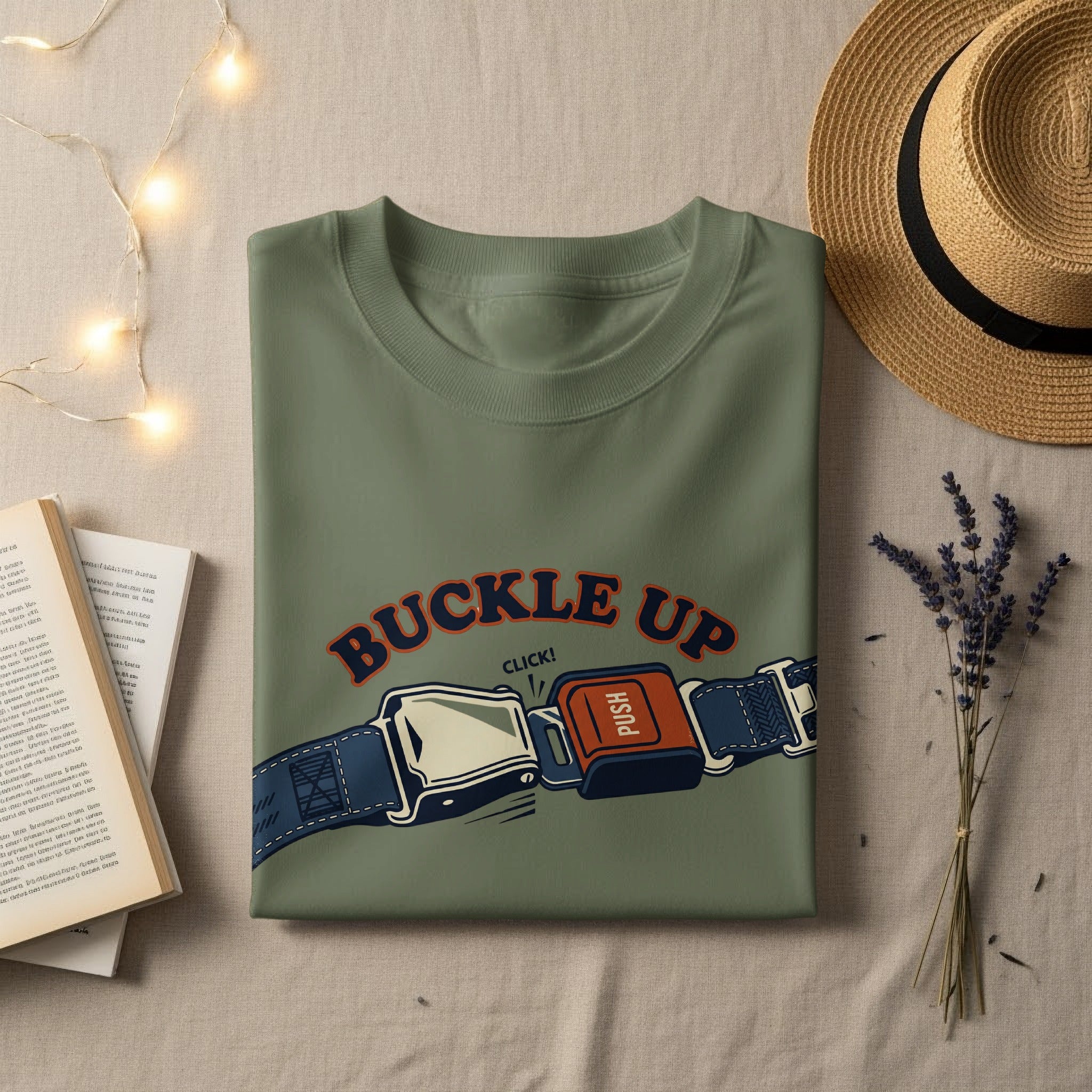 Olive green t-shirt with "BUCKLE UP CLICK!" text and buckle graphic.