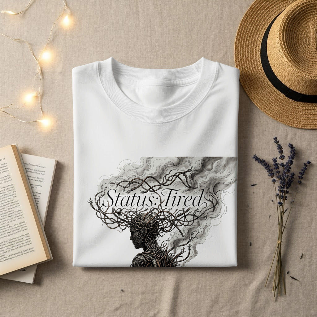 White t-shirt with "Status: Tired" graphic featuring a woman's silhouette and tangled hair.