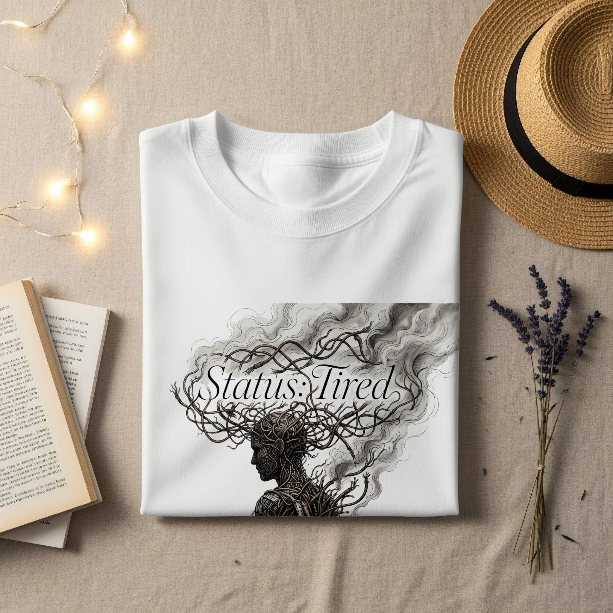 White t-shirt with "Status: Tired" graphic featuring a woman's silhouette and tangled hair.