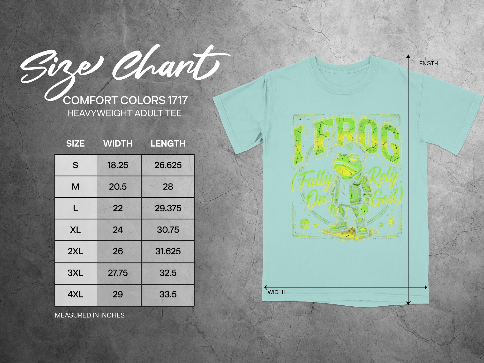 Size chart for Comfort Colors 1717 heavyweight adult tee.