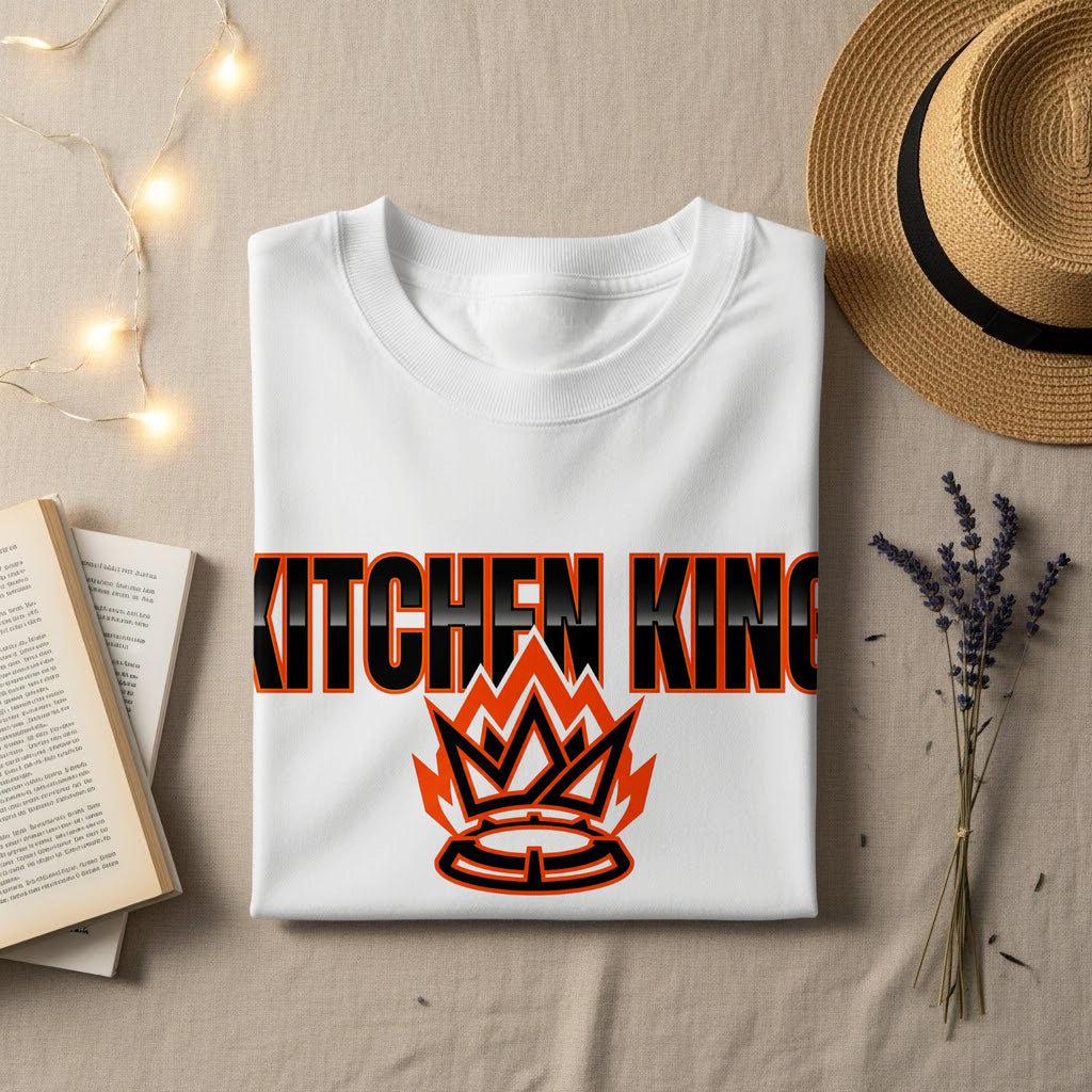 White t-shirt with "KITCHEN KING" and a crown logo.