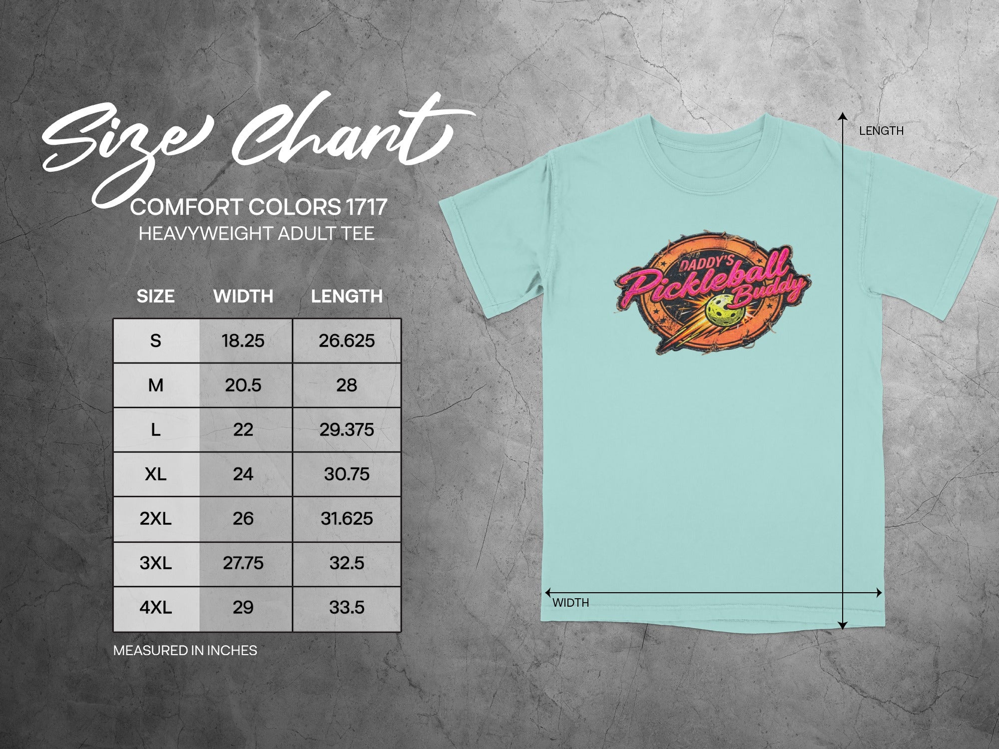 Daddy's Pickleball Buddy t-shirt with size chart.