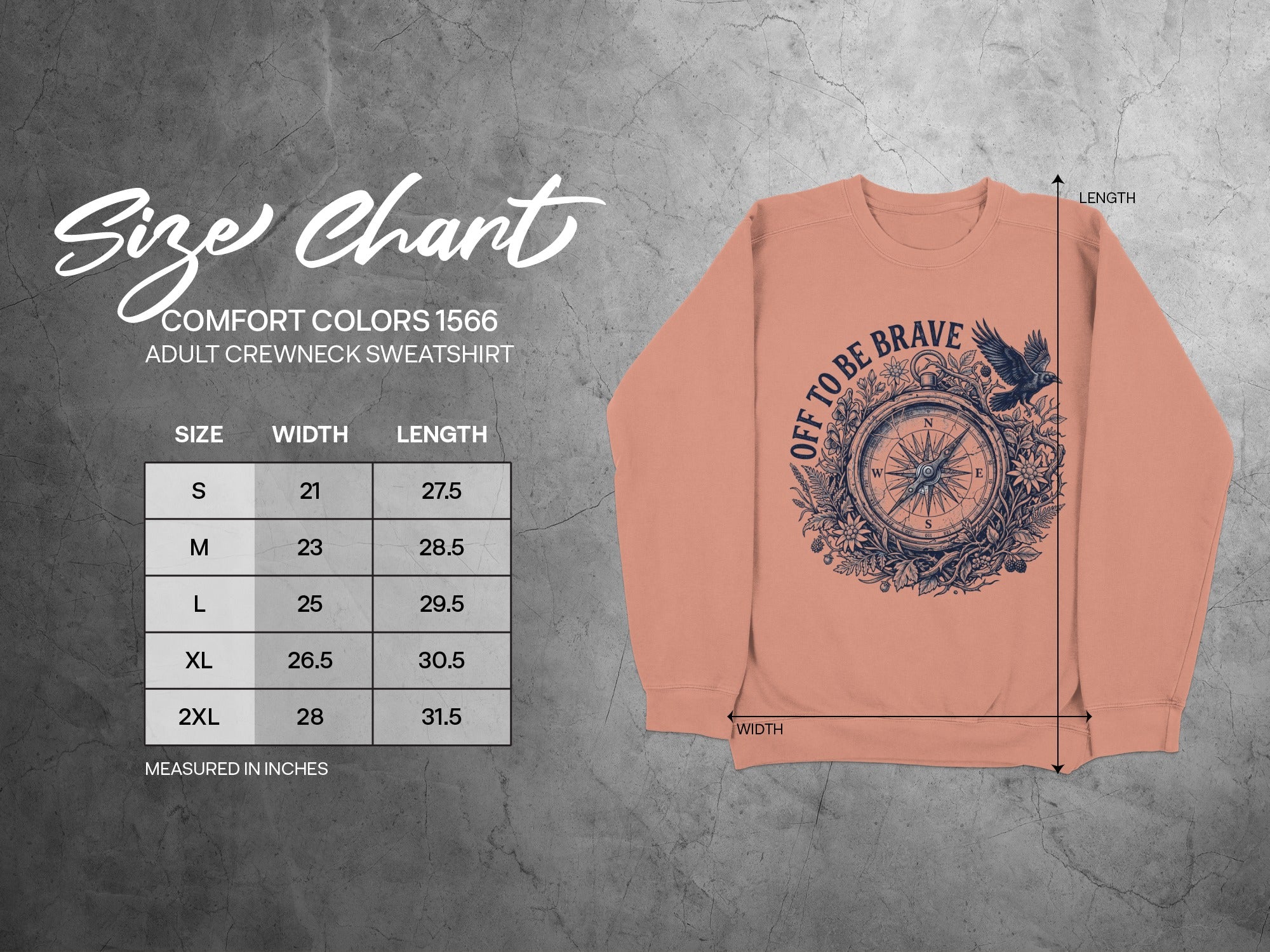 Comfort Colors 1566 sweatshirt size chart with measurement details.