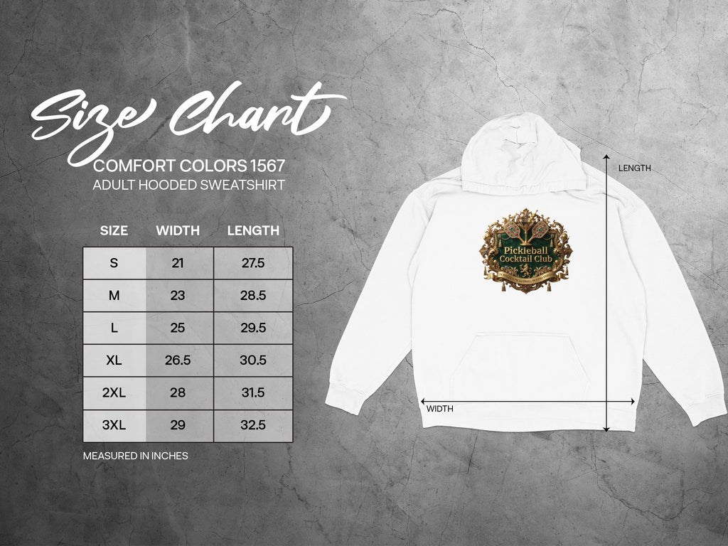 Adult hooded sweatshirt size chart with width and length measurements in inches.