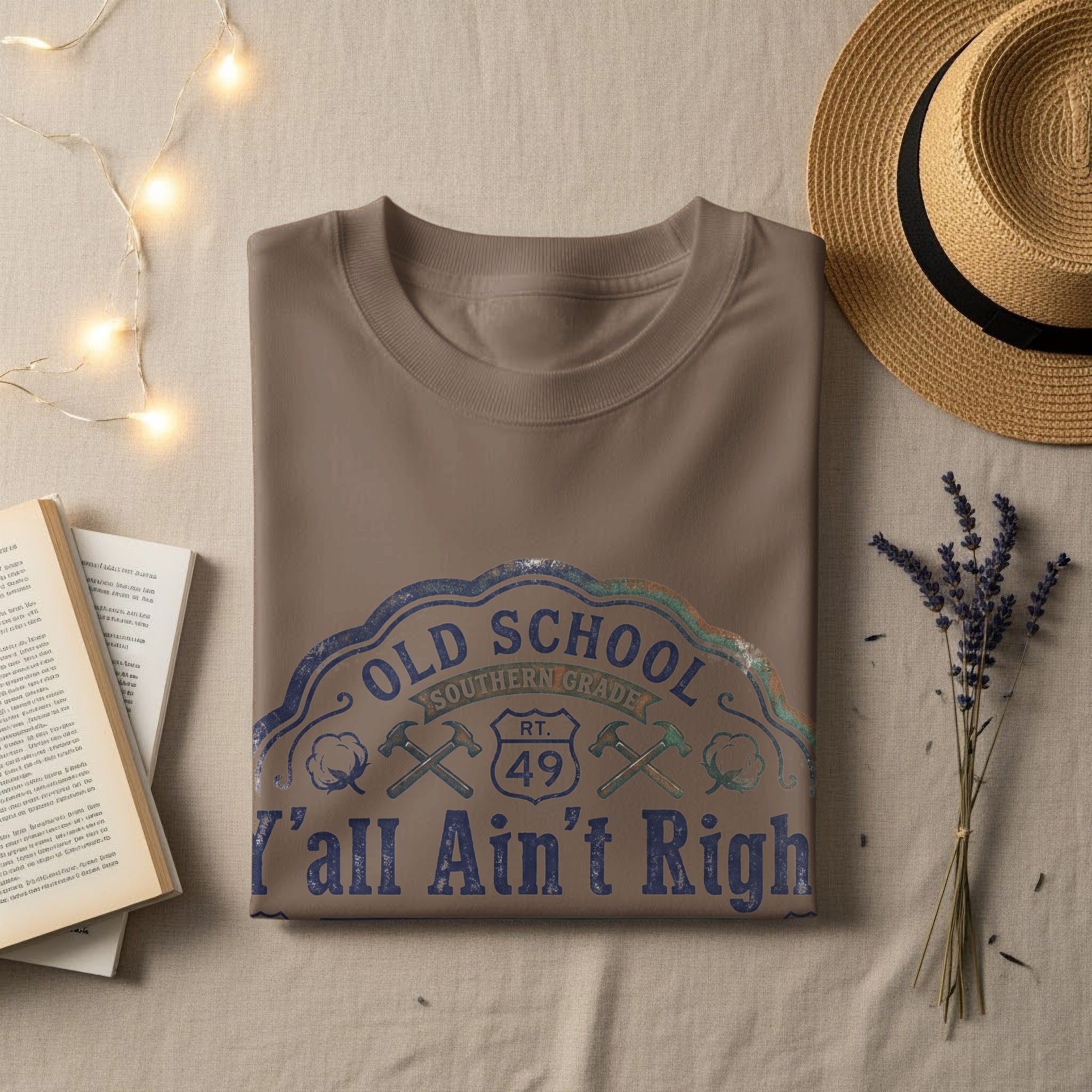 Brown t-shirt with "Old School Southern Grade" graphic and "Y'all Ain't Right".