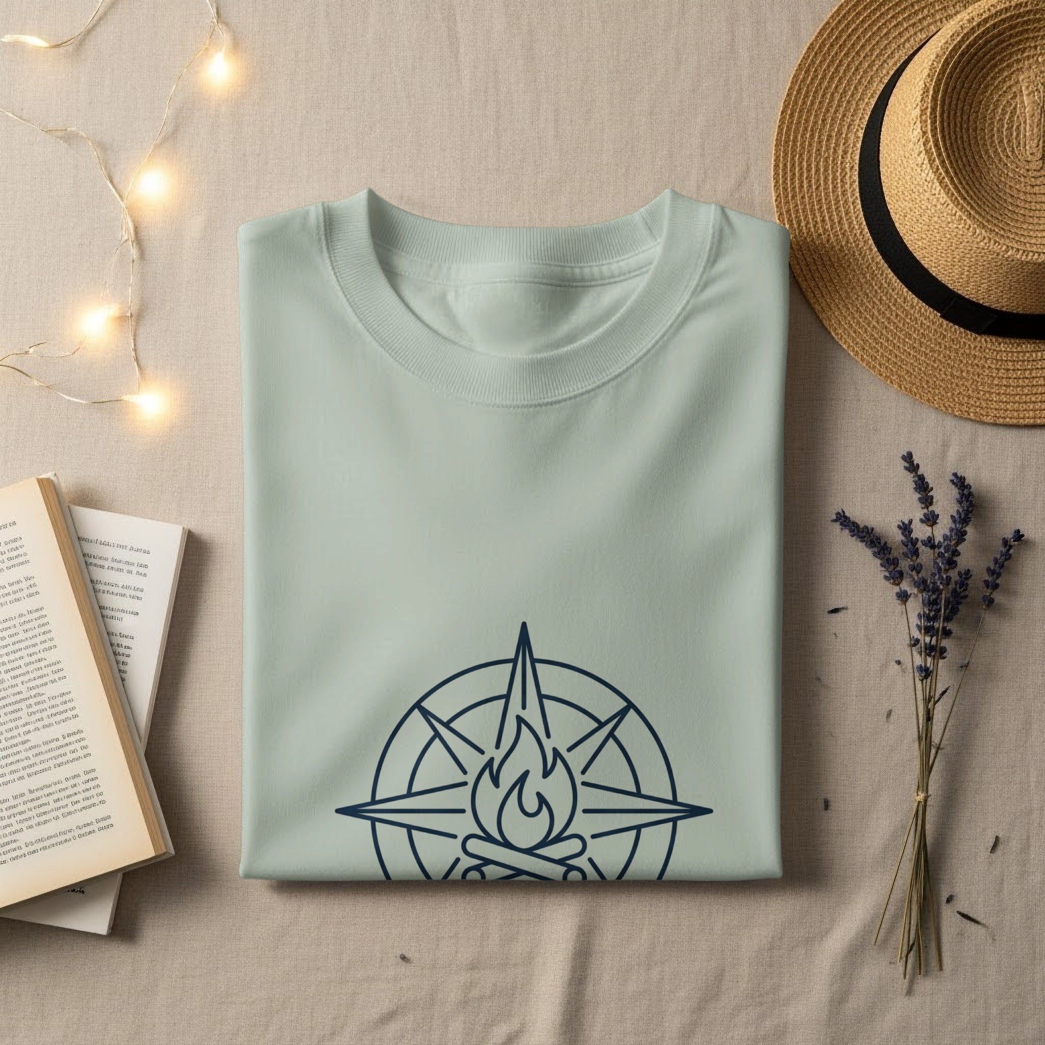 Light blue t-shirt with navy compass and campfire graphic.