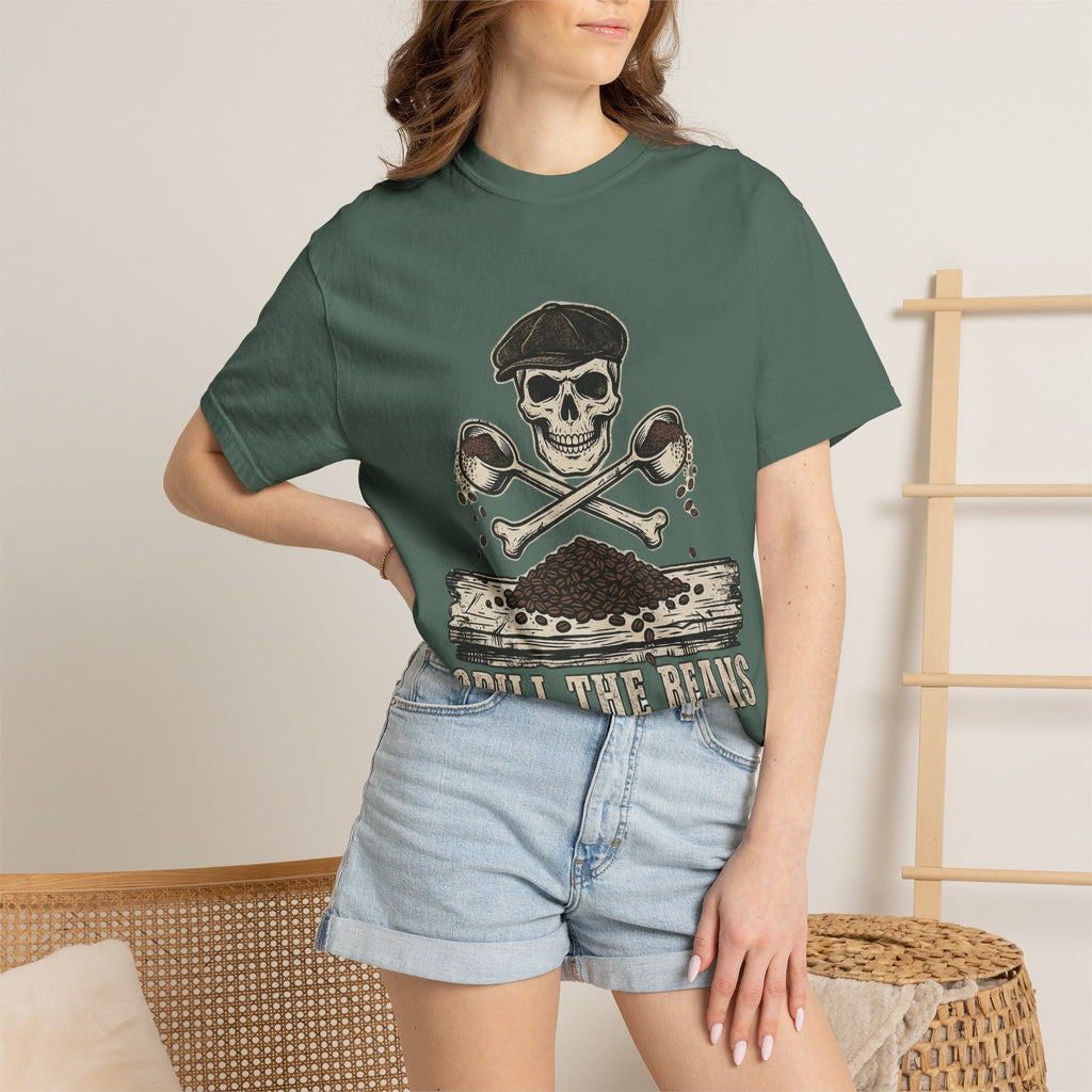 Skull & Spoons Coffee T-Shirt — "Spill the Beans" Vintage Café Tee