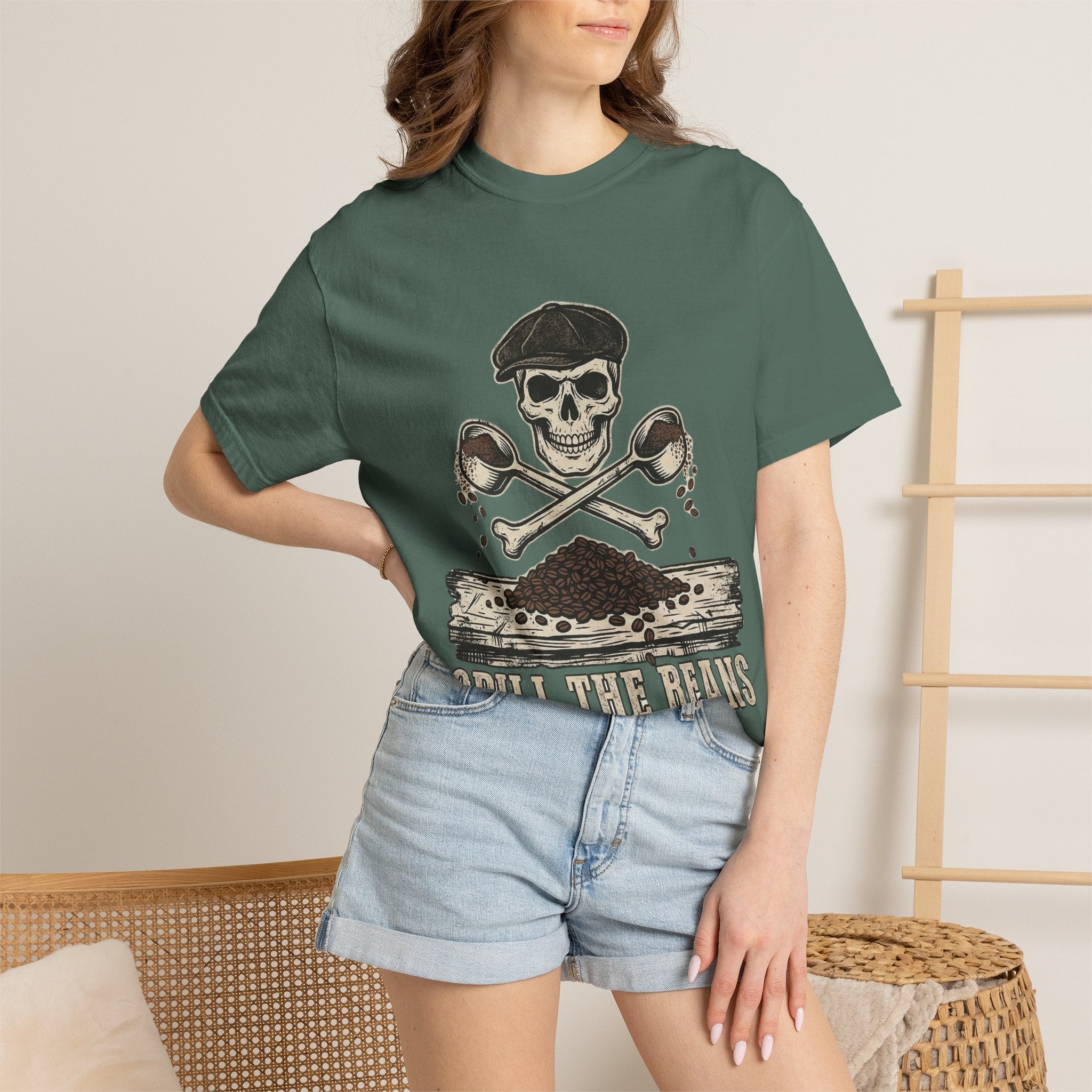 Skull & Spoons Coffee T-Shirt — "Spill the Beans" Vintage Café Tee
